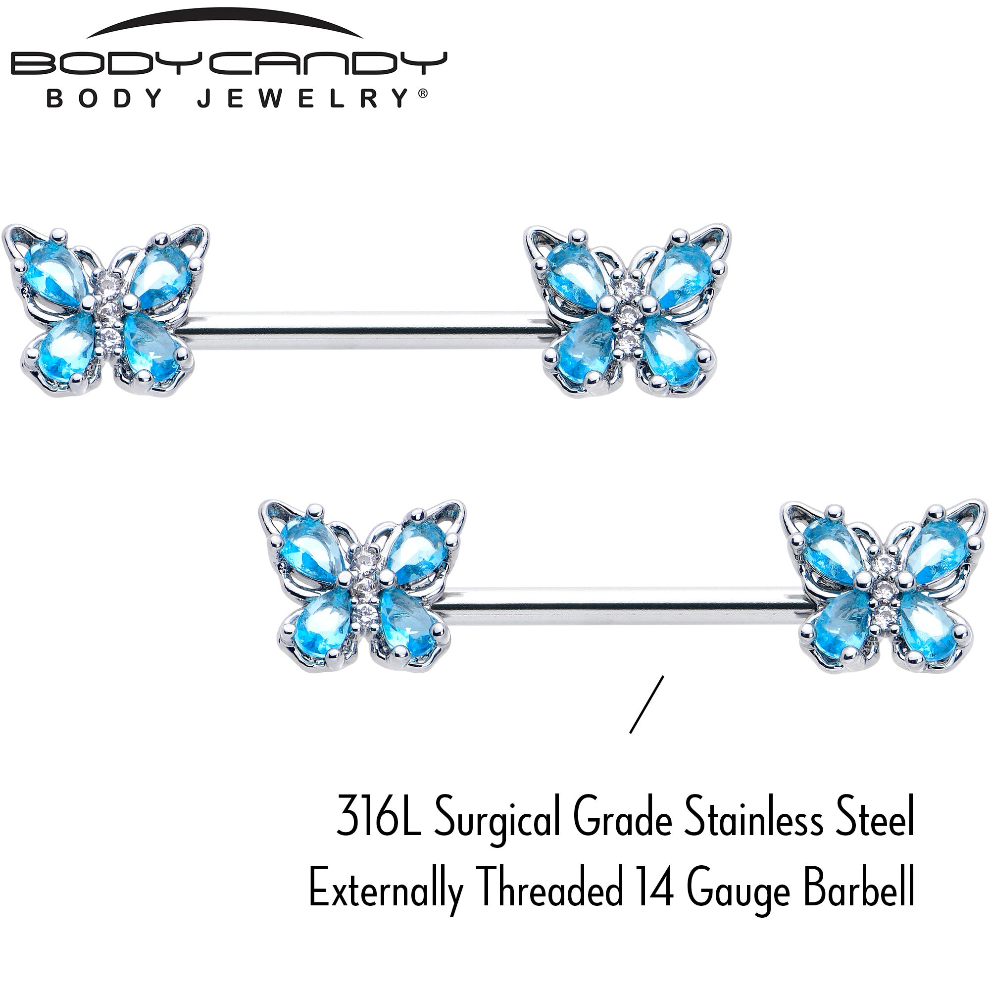 14 Gauge 9/16 Blue Gem Baroque Beauty Butterfly Barbell Nipple Ring Set