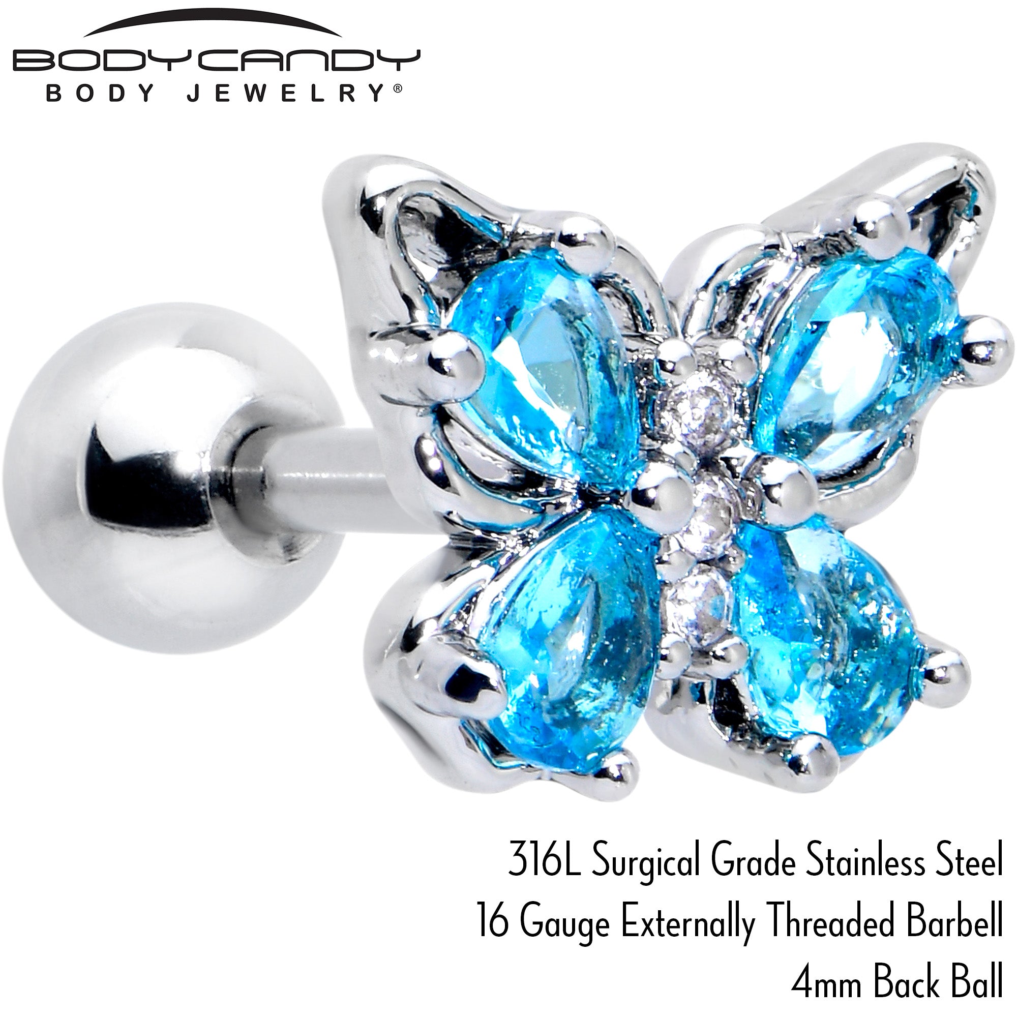 16 Gauge 1/4 Blue Gem Baroque Beauty Butterfly Cartilage Tragus Earring