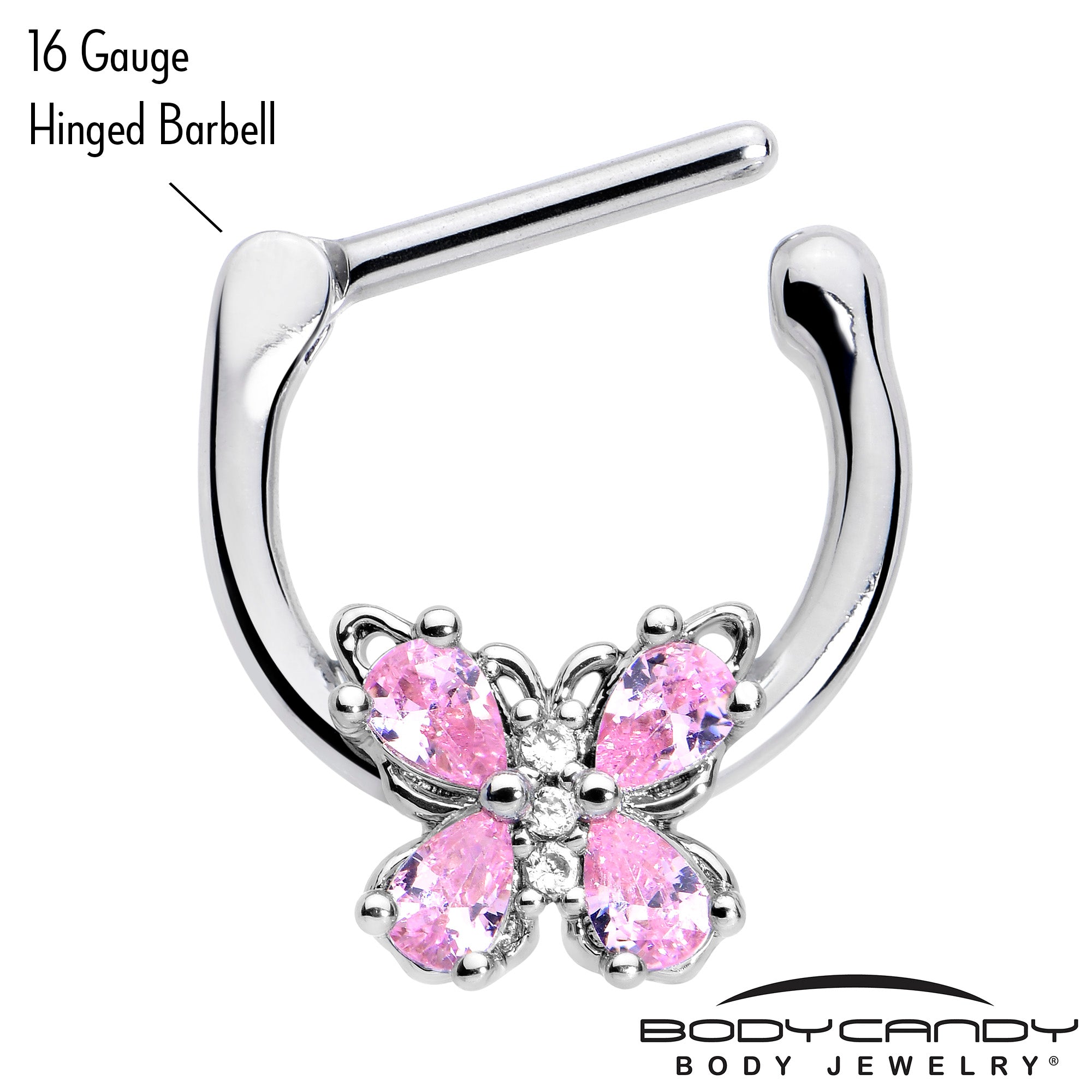 16 Gauge 5/16 Pink Gem Baroque Beauty Butterfly Cartilage Clicker