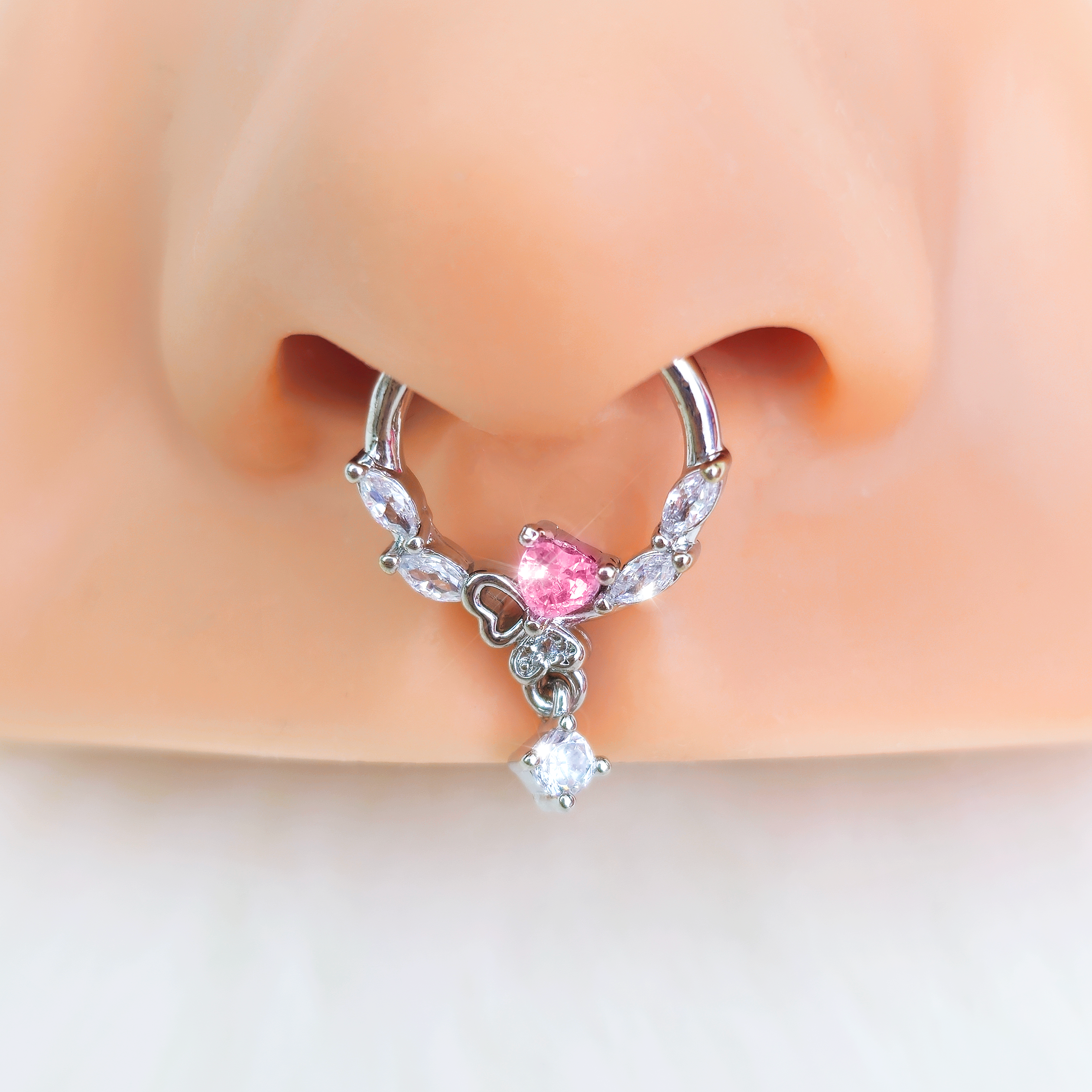 16 Gauge 3/8 Pink CZ Gem Butterfly Heart Dangle Hinged Segment Ring