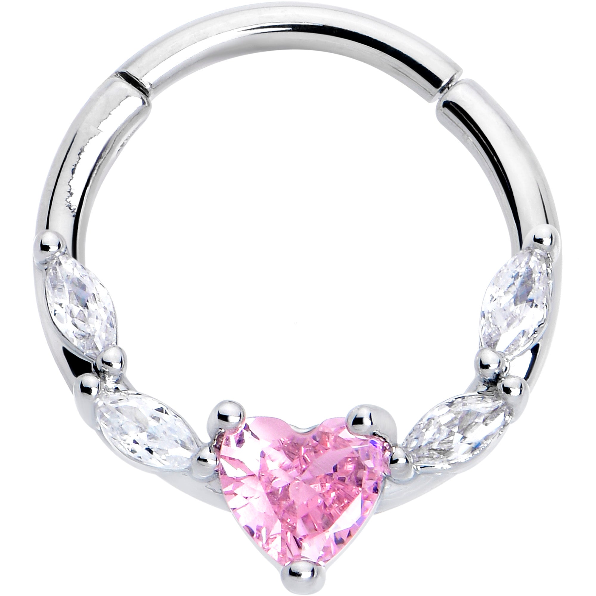 16 Gauge 3/8 Pink Clear CZ Gem Simply Heart Hinged Segment Ring