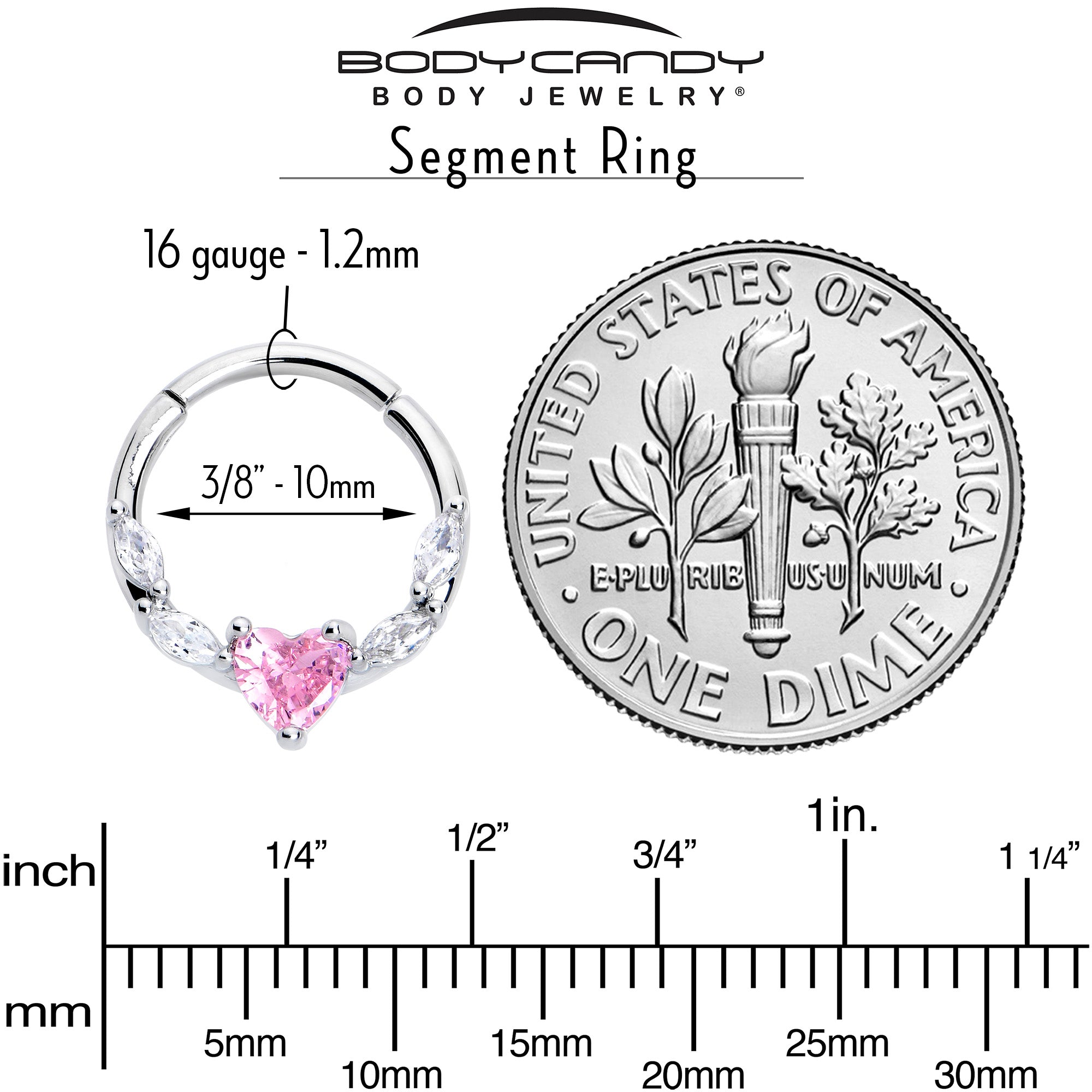 16 Gauge 3/8 Pink Clear CZ Gem Simply Heart Hinged Segment Ring