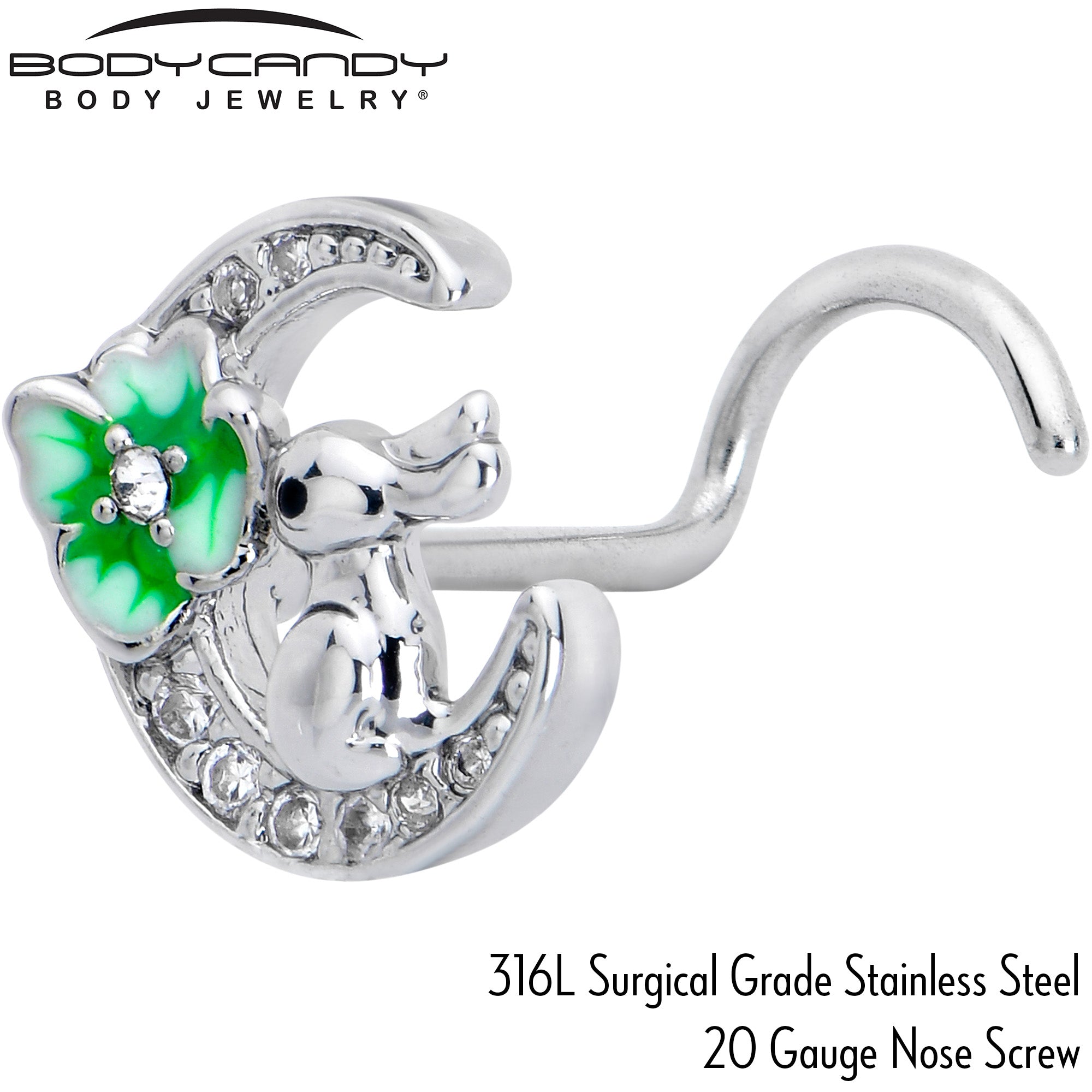 20 Gauge 7mm Clear CZ Gem Rabbit On The Moon Green Left Side Nose Screw