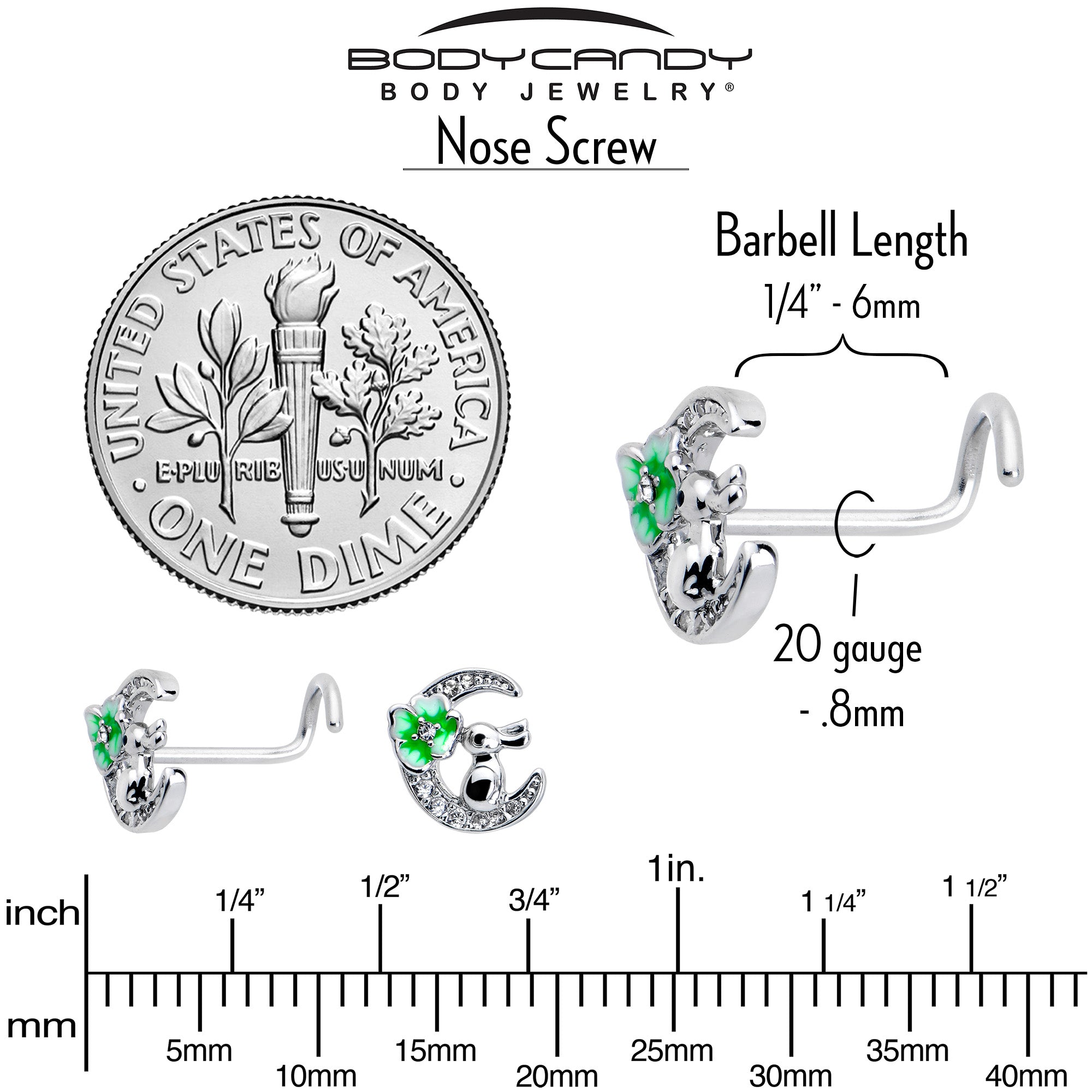 20 Gauge 7mm Clear CZ Gem Rabbit On The Moon Green Left Side Nose Screw