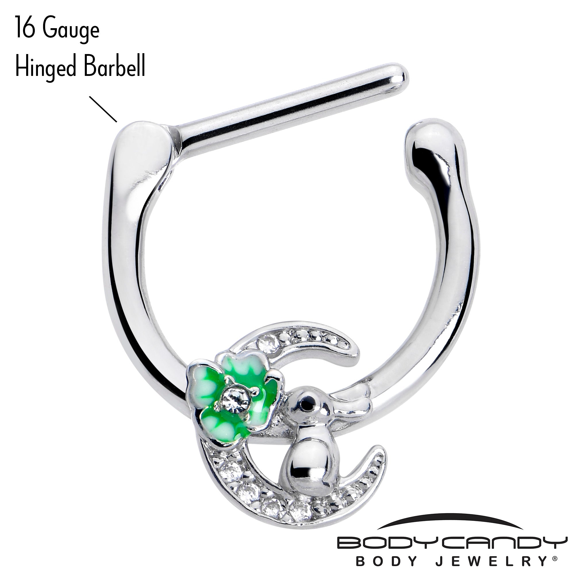 16 Gauge 5/16 Clear CZ Gem Rabbit On The Moon Green Cartilage Clicker