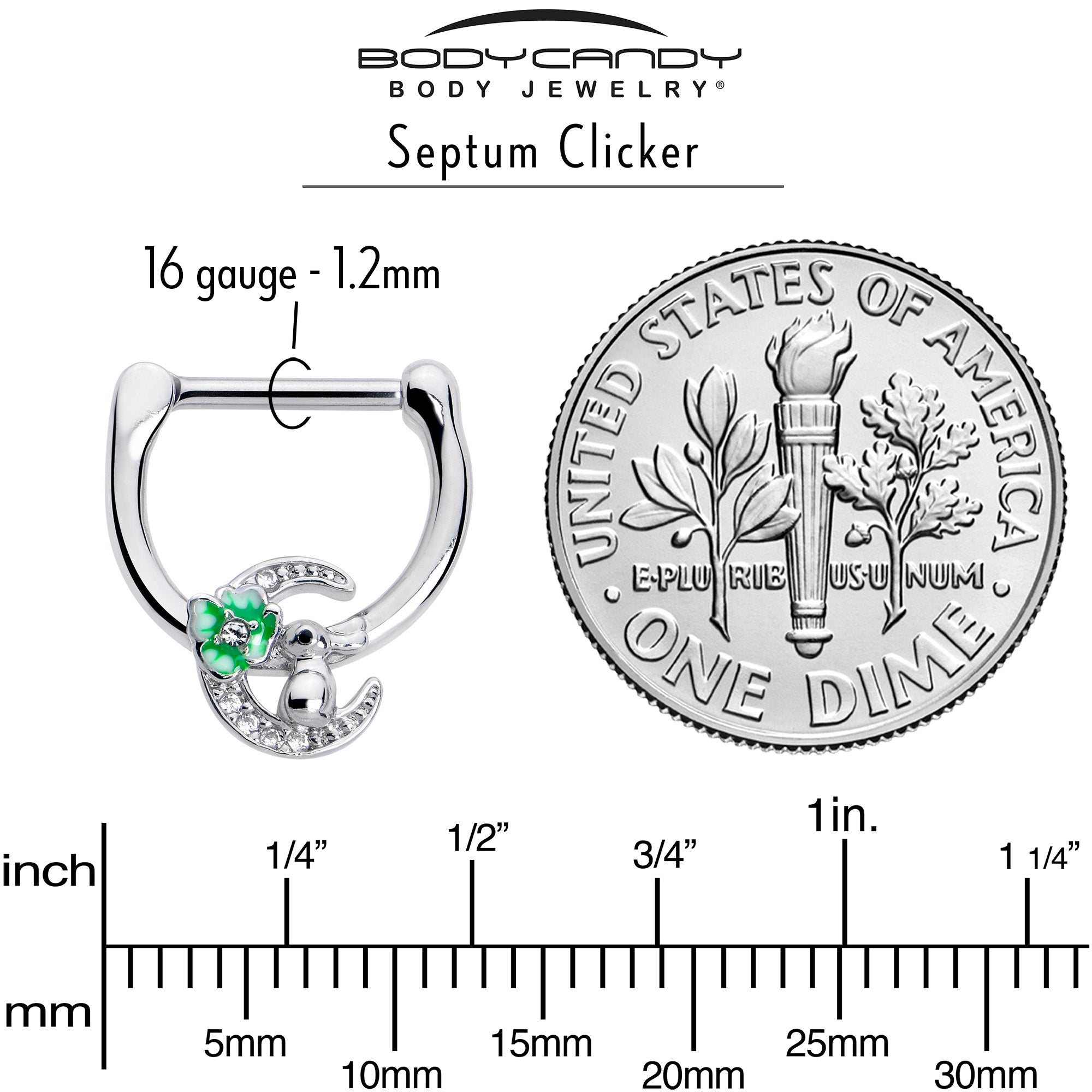 16 Gauge 5/16 Clear CZ Gem Rabbit On The Moon Green Cartilage Clicker