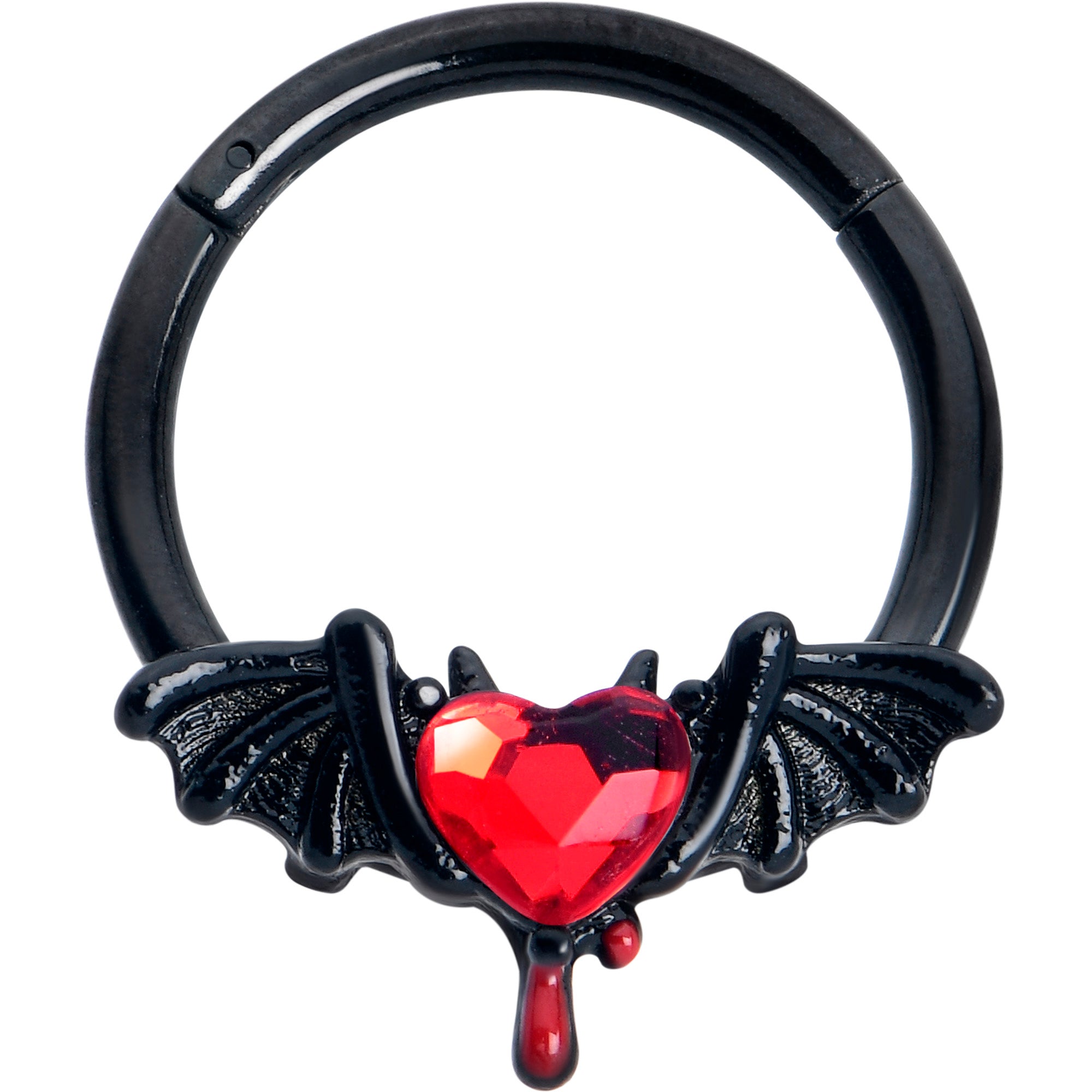 16 Gauge 3/8 Red Gem Black Bleeding Heart Bat Hinged Segment Ring