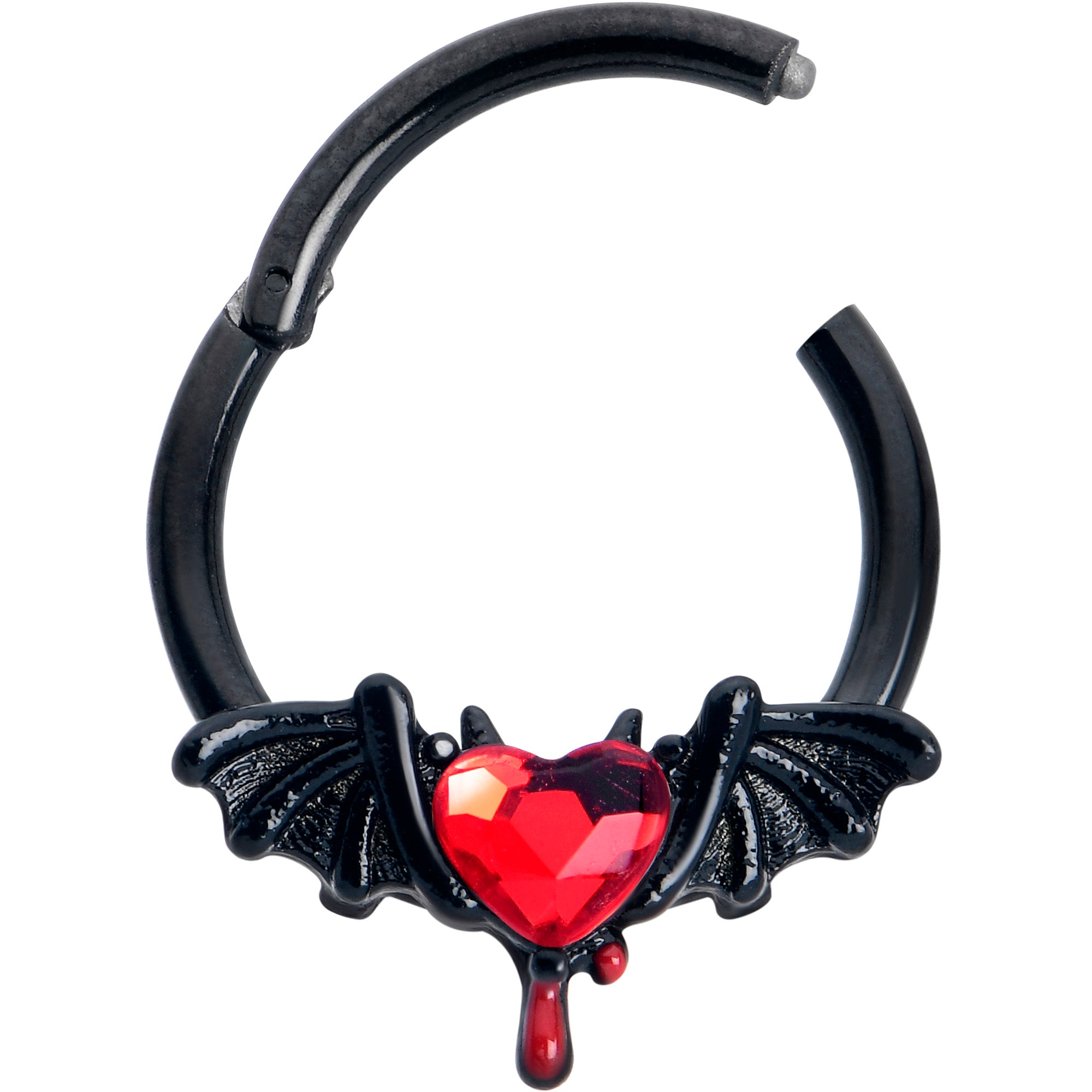 16 Gauge 3/8 Red Gem Black Bleeding Heart Bat Hinged Segment Ring