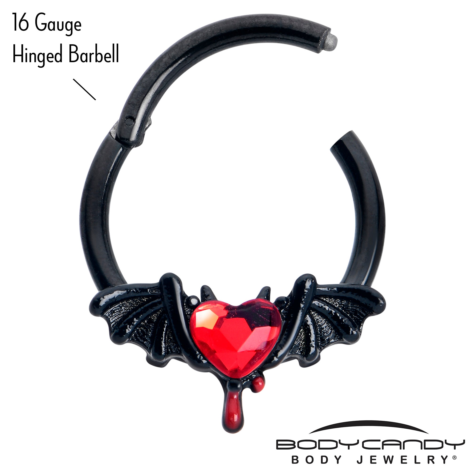 16 Gauge 3/8 Red Gem Black Bleeding Heart Bat Hinged Segment Ring