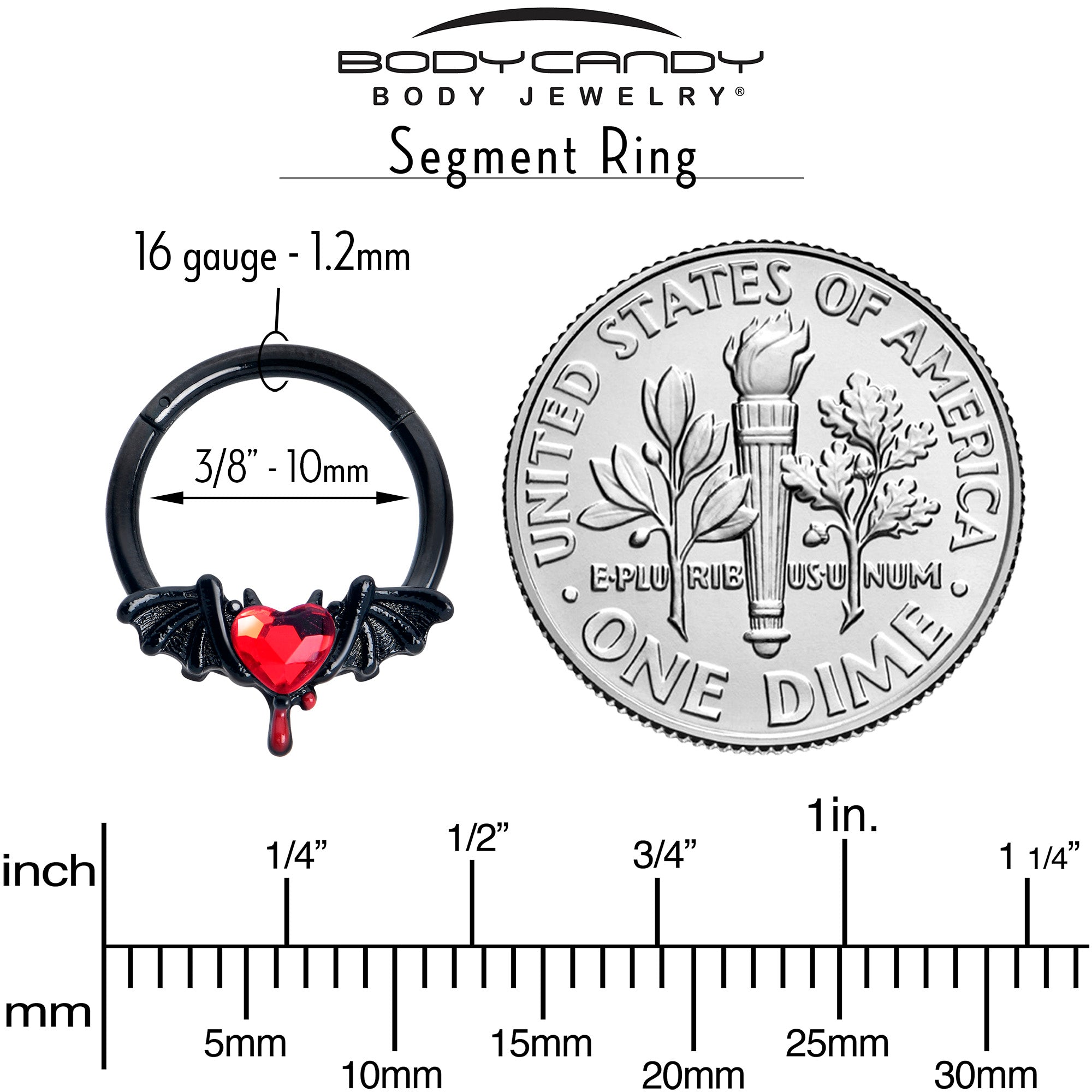 16 Gauge 3/8 Red Gem Black Bleeding Heart Bat Hinged Segment Ring