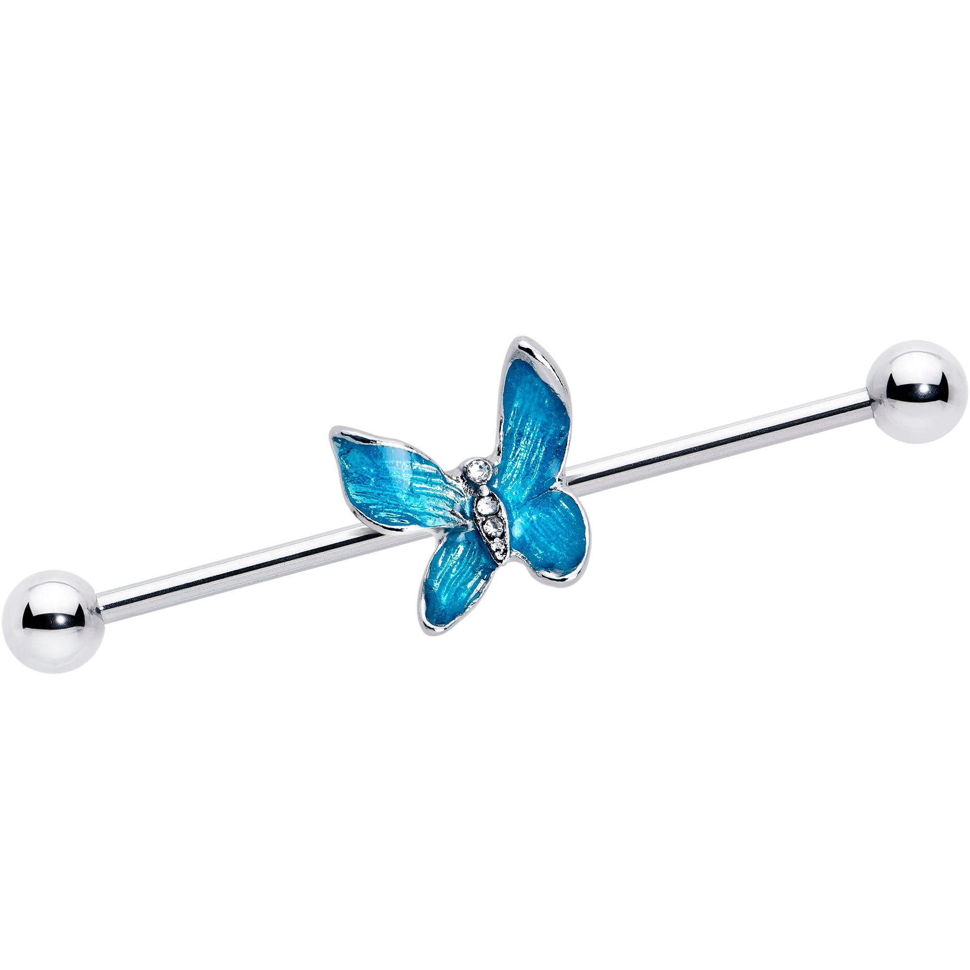 14 Gauge Clear Gem Chunky Butterfly Blue Industrial Barbell 38mm