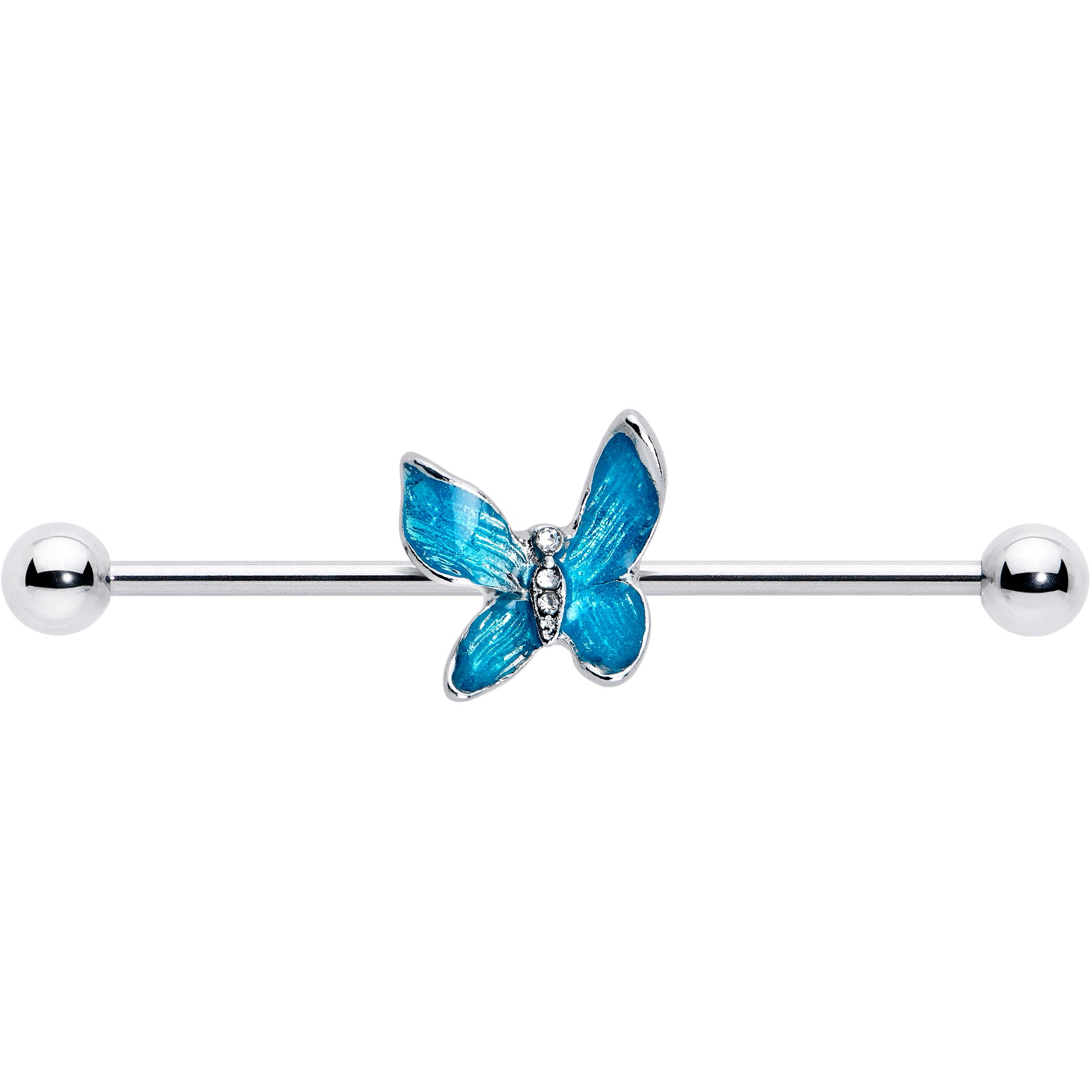 14 Gauge Clear Gem Chunky Butterfly Blue Industrial Barbell 38mm