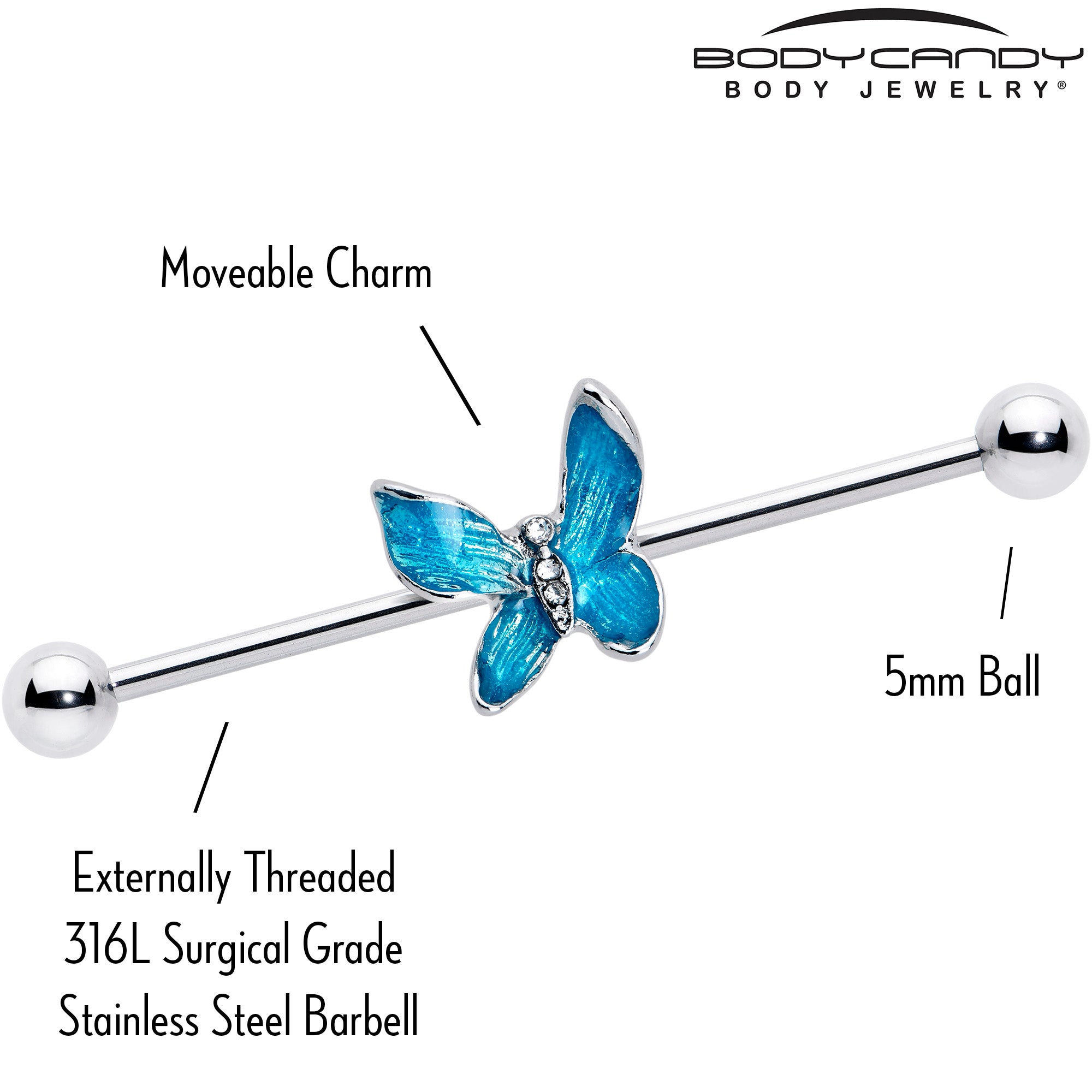 14 Gauge Clear Gem Chunky Butterfly Blue Industrial Barbell 38mm