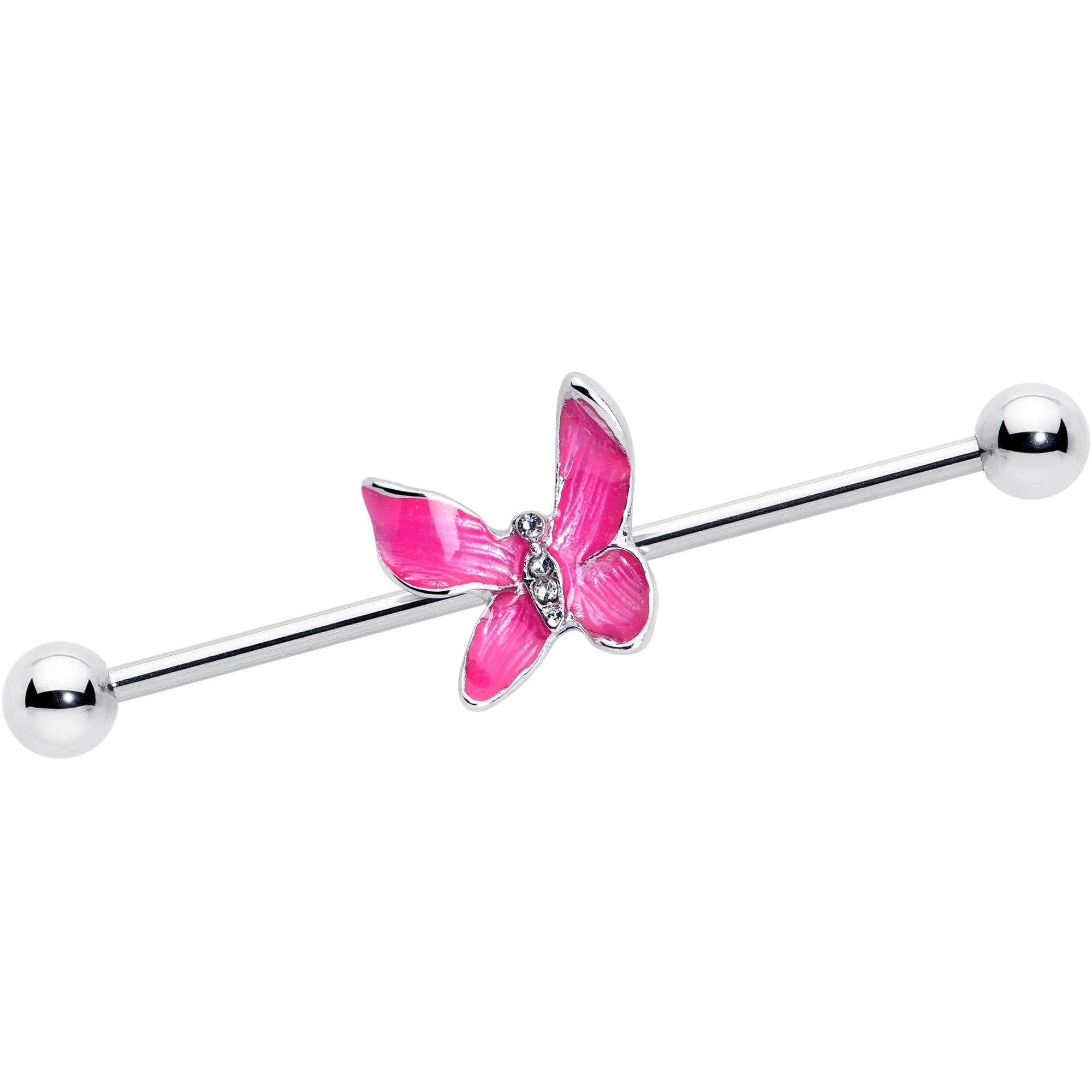 14 Gauge Clear Gem Chunky Butterfly Pink Industrial Barbell 38mm