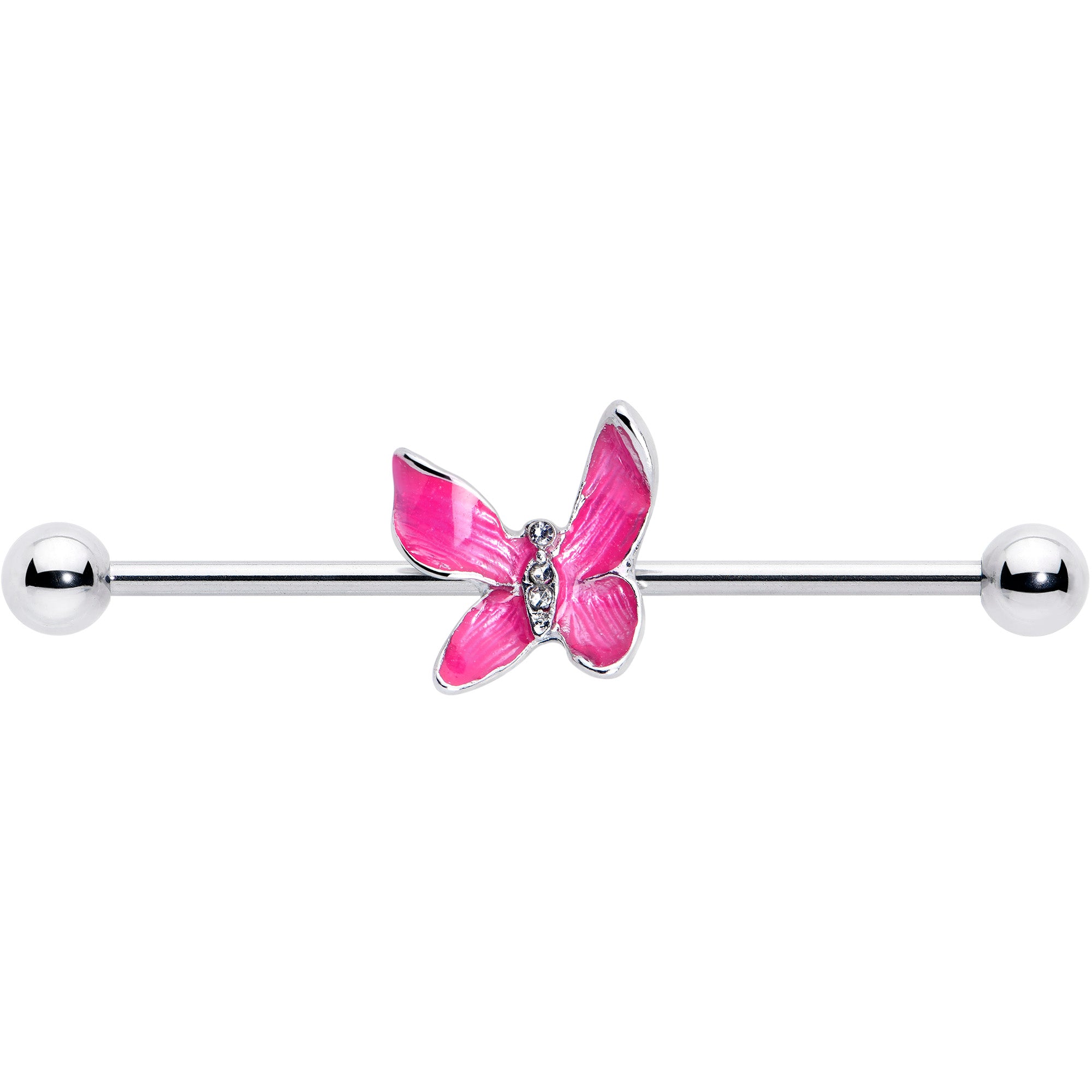 14 Gauge Clear Gem Chunky Butterfly Pink Industrial Barbell 38mm