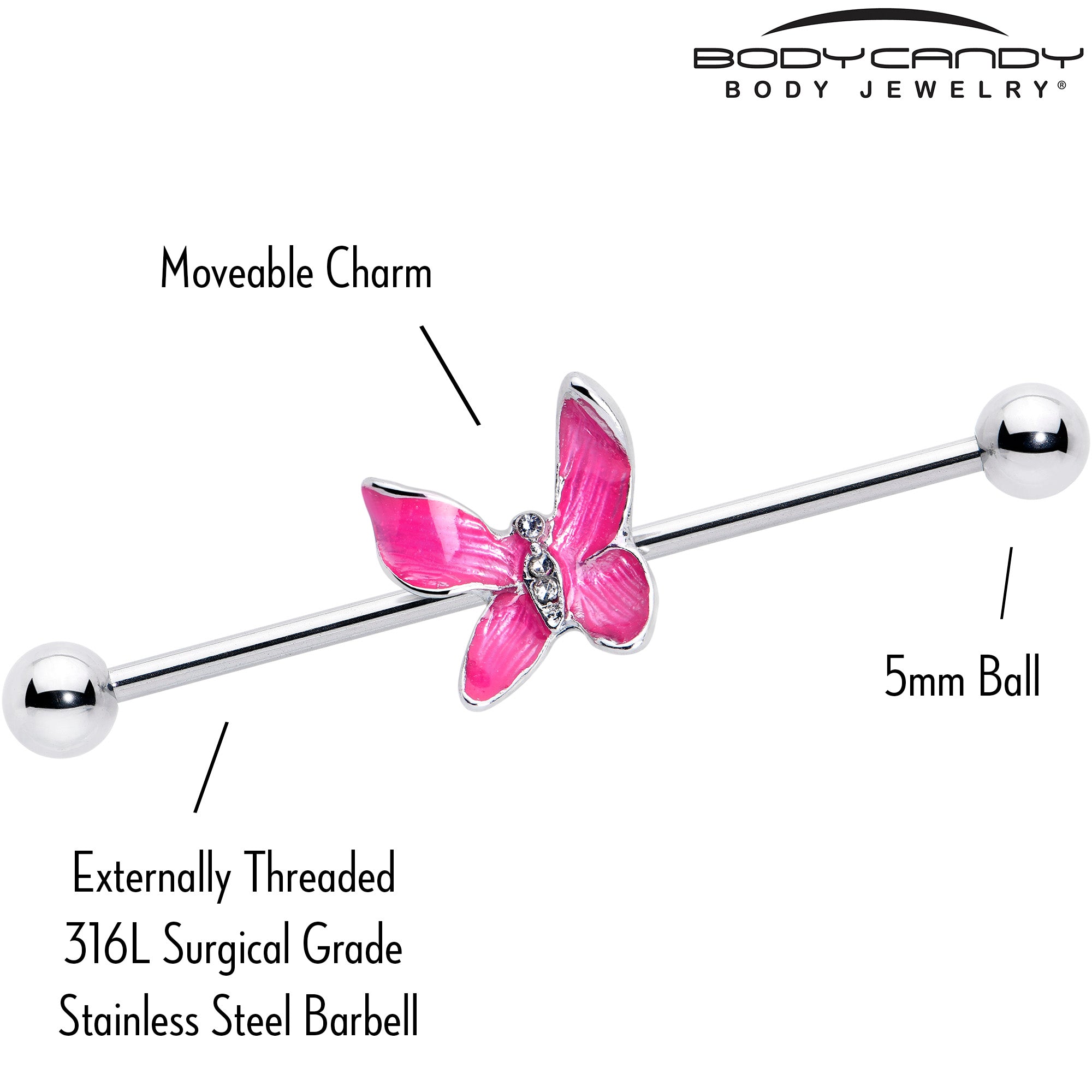 14 Gauge Clear Gem Chunky Butterfly Pink Industrial Barbell 38mm