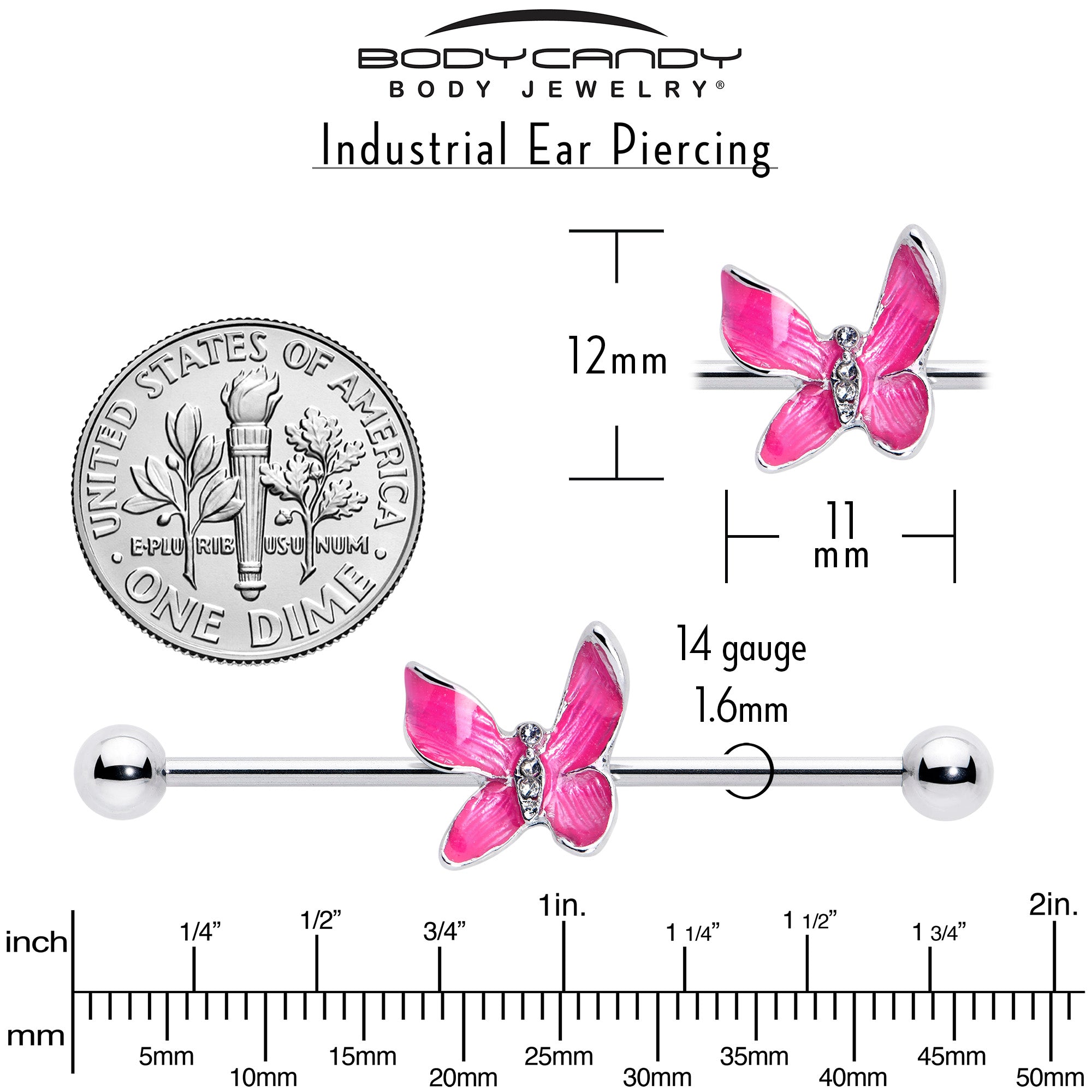 14 Gauge Clear Gem Chunky Butterfly Pink Industrial Barbell 38mm