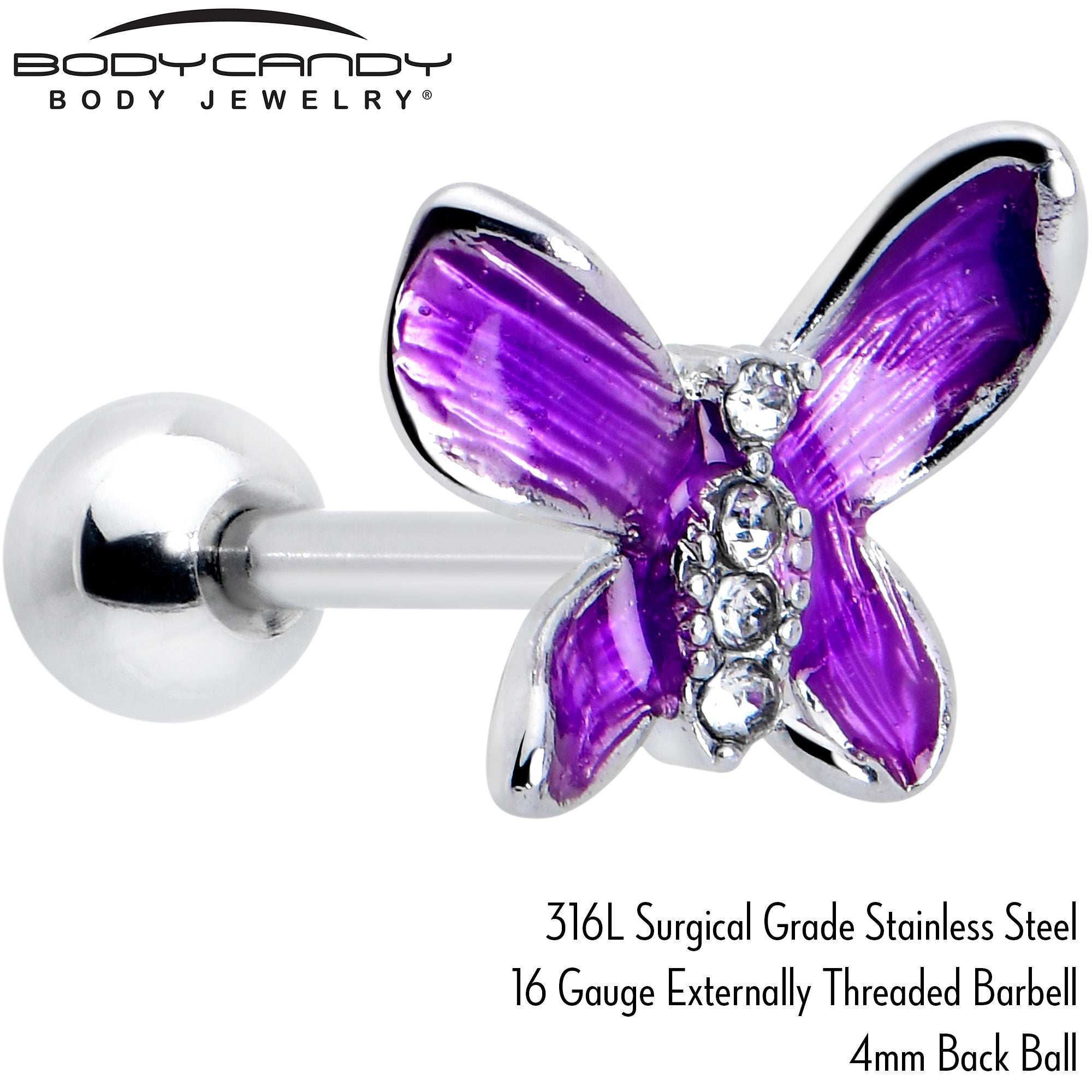 16 Gauge 1/4 Clear Gem Chunky Butterfly Purple Cartilage Tragus Earring