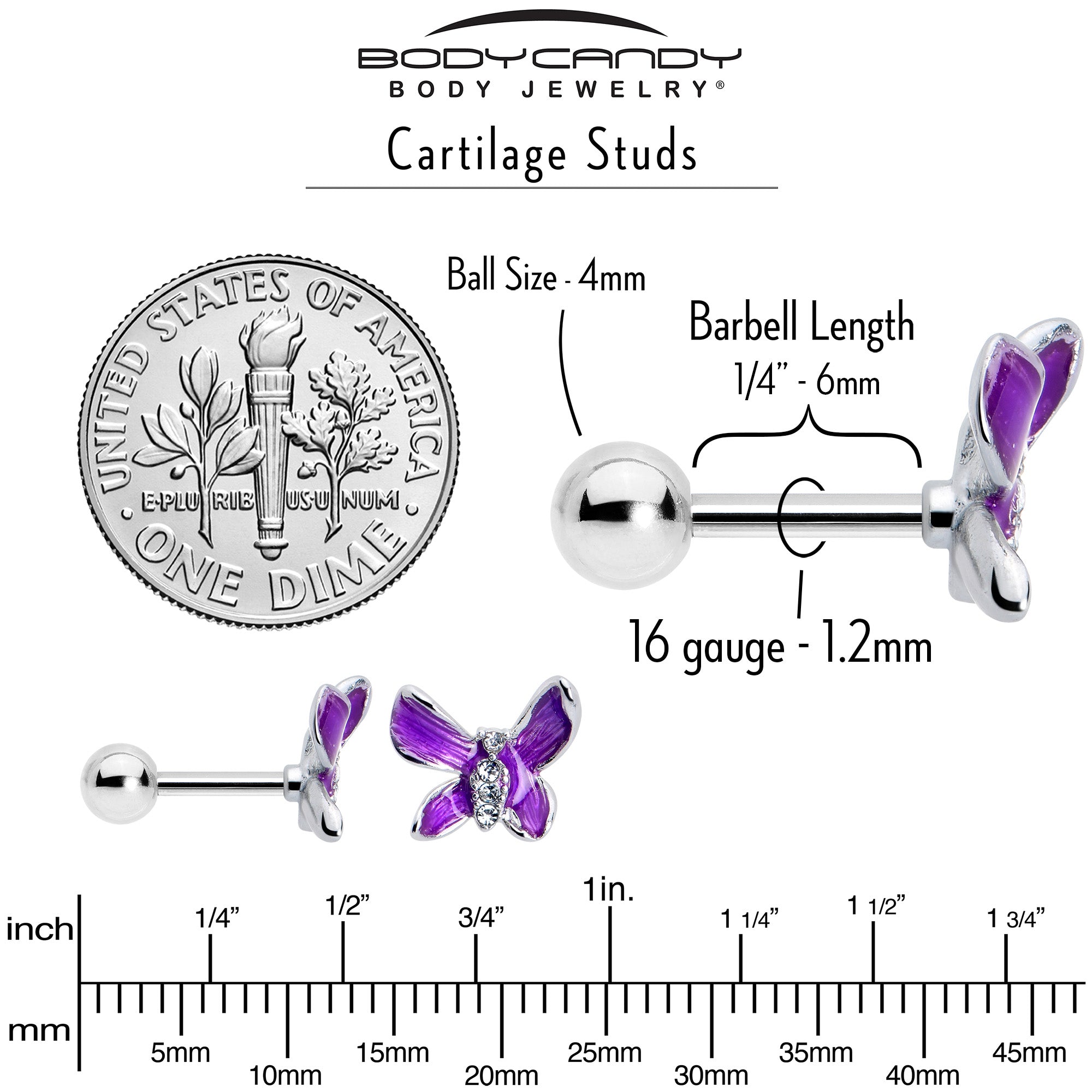 16 Gauge 1/4 Clear Gem Chunky Butterfly Purple Cartilage Tragus Earring