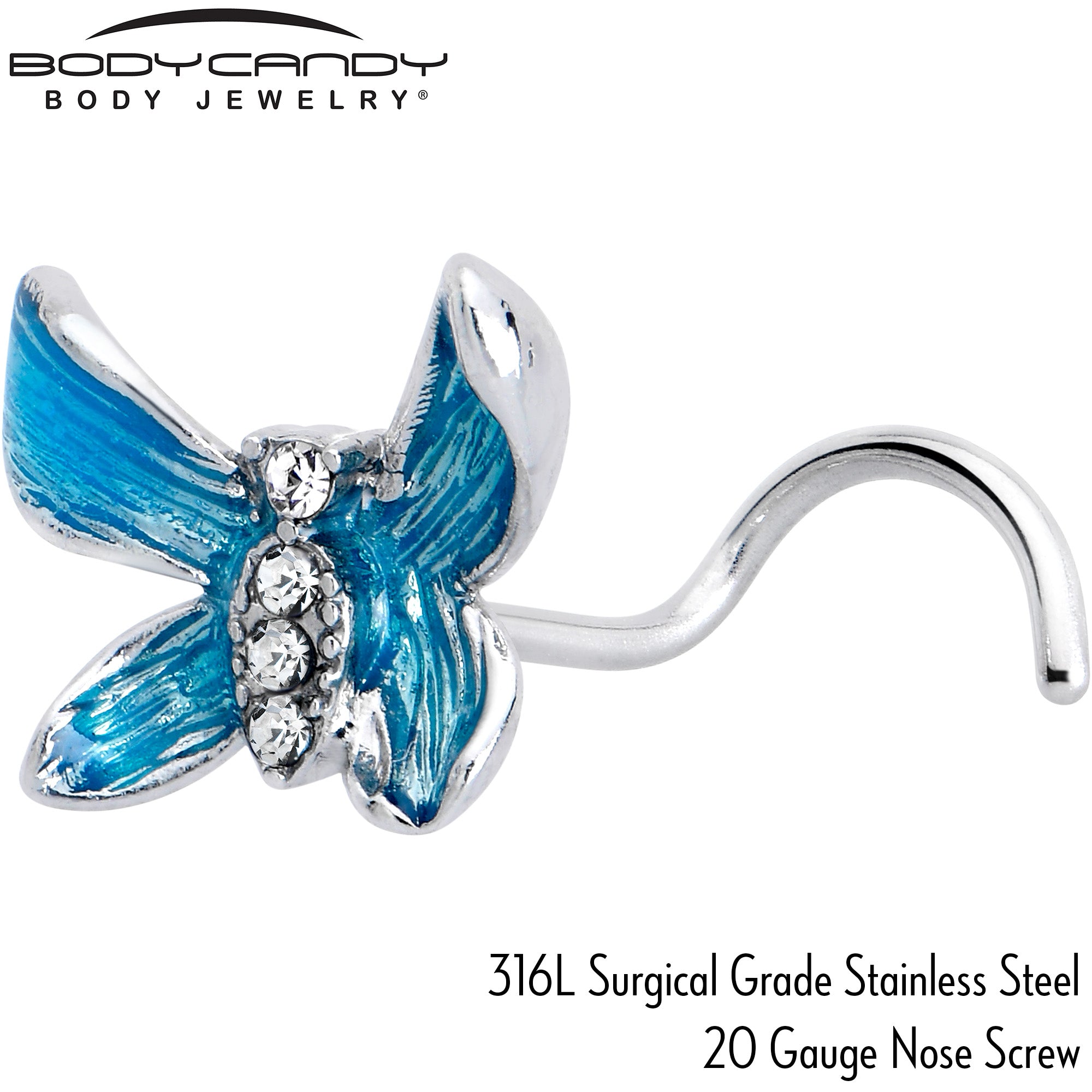 20 Gauge 7mm Clear Gem Chunky Butterfly Blue Left Side Nose Screw