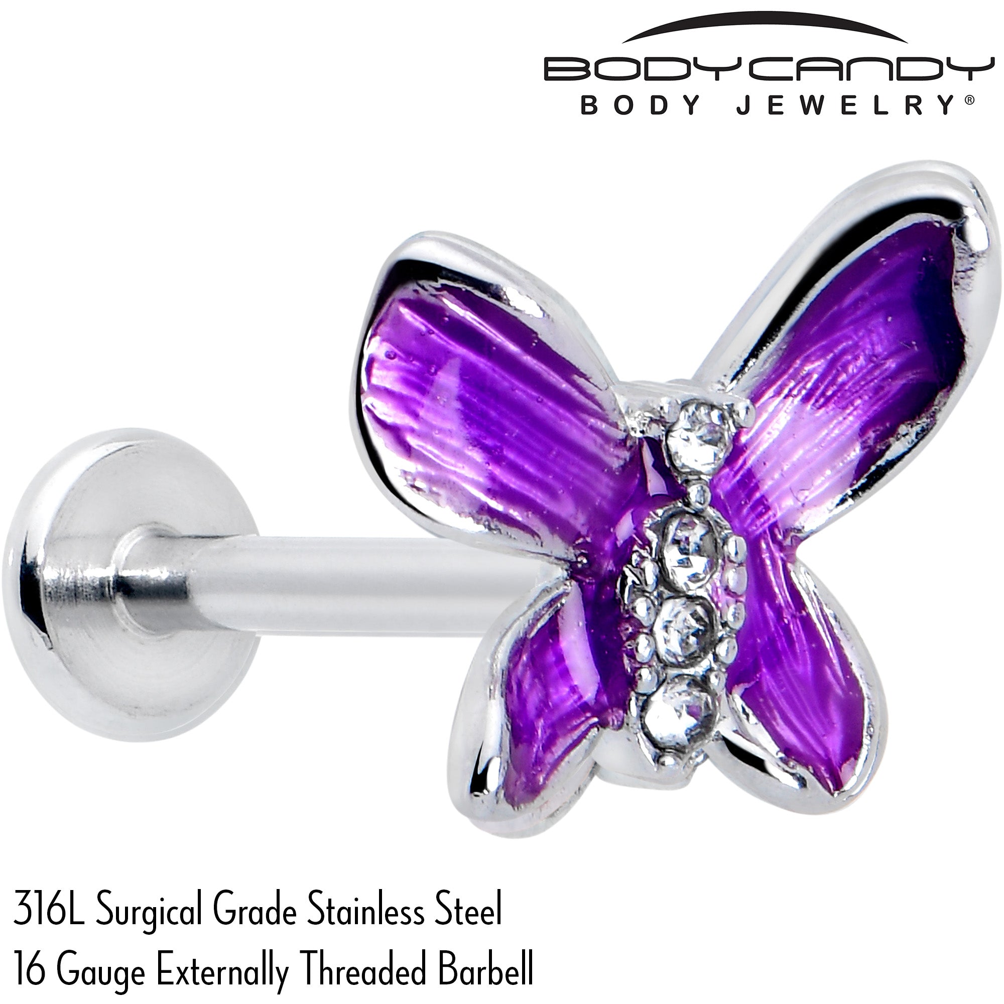 16 Gauge 5/16 Clear Gem Chunky Butterfly Purple Labret Monroe Tragus