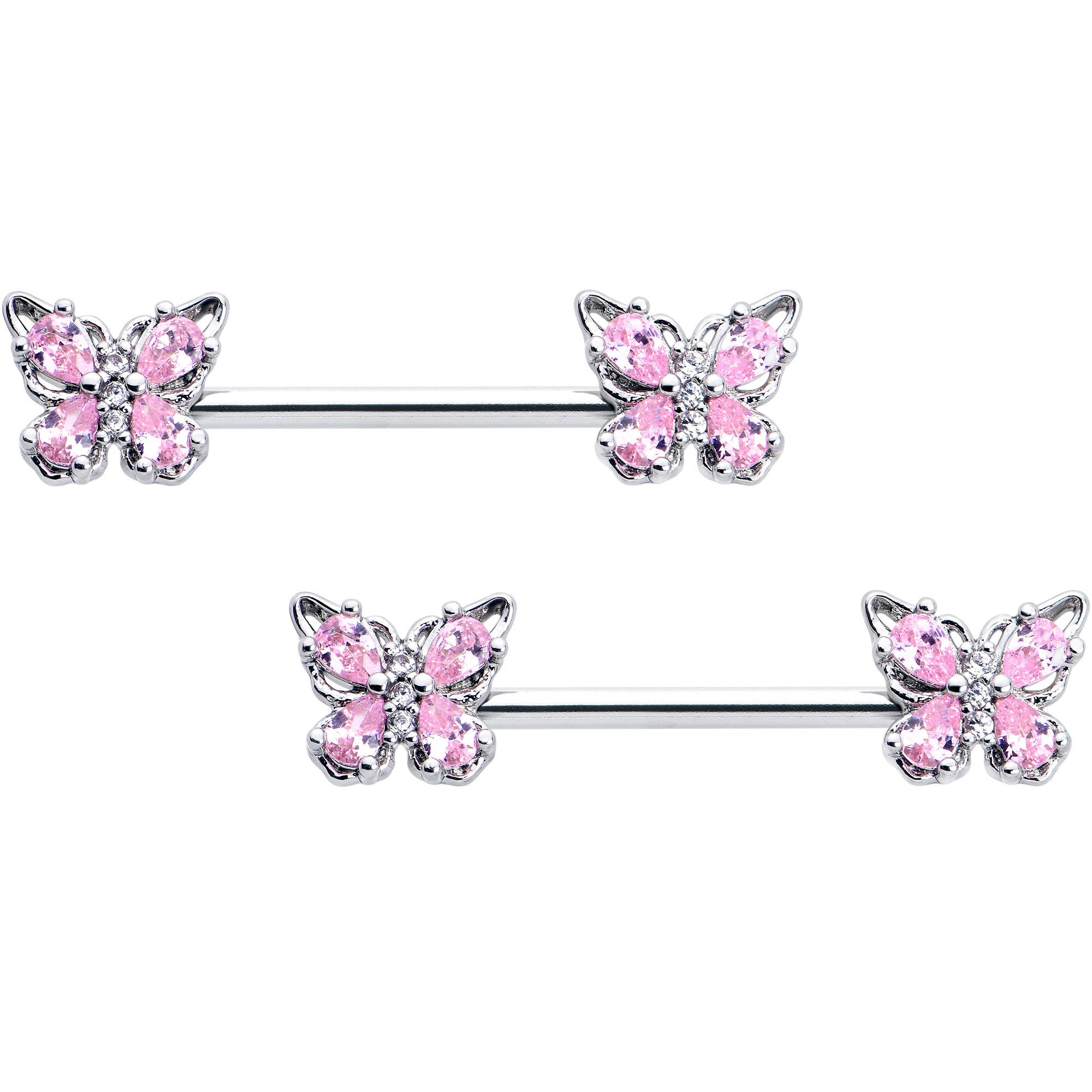 14 Gauge 9/16 Pink Gem Baroque Beauty Butterfly Barbell Nipple Ring Set