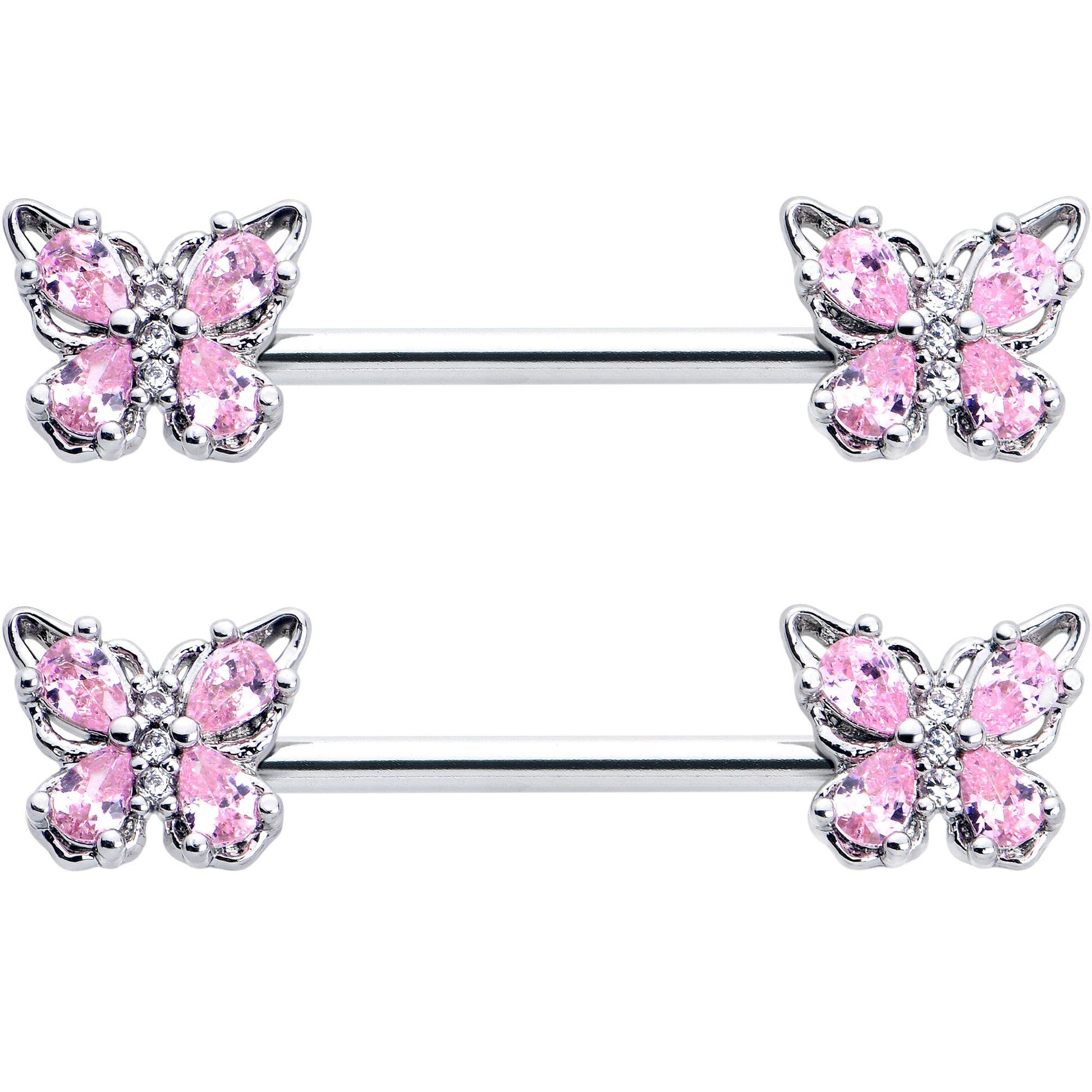 14 Gauge 9/16 Pink Gem Baroque Beauty Butterfly Barbell Nipple Ring Set