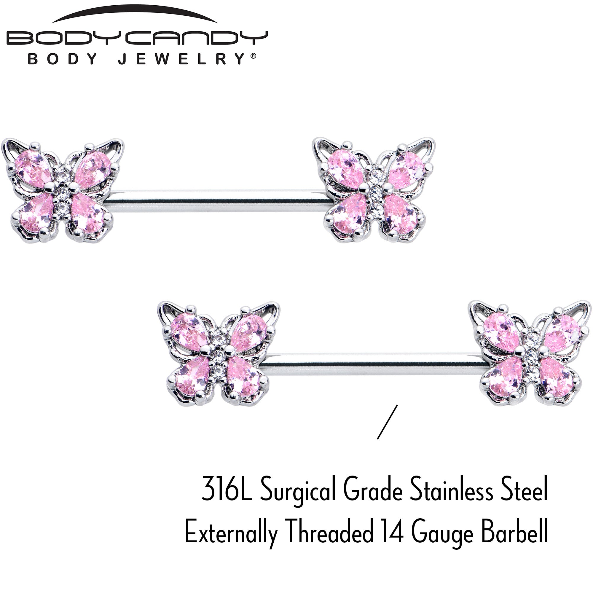 14 Gauge 9/16 Pink Gem Baroque Beauty Butterfly Barbell Nipple Ring Set