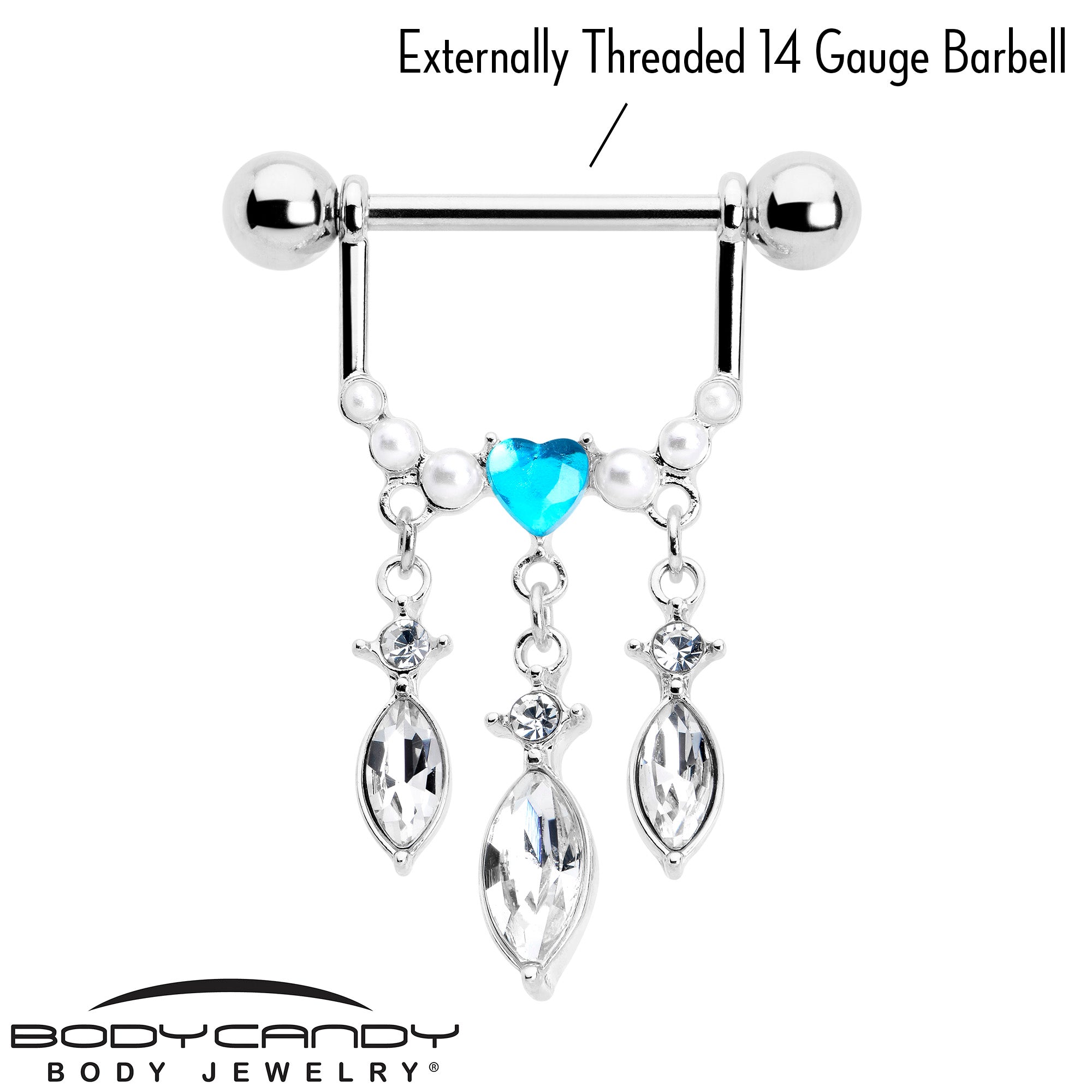 14 Gauge 9/16 Blue Gem Heart Triple Drop Dangle Nipple Ring Set