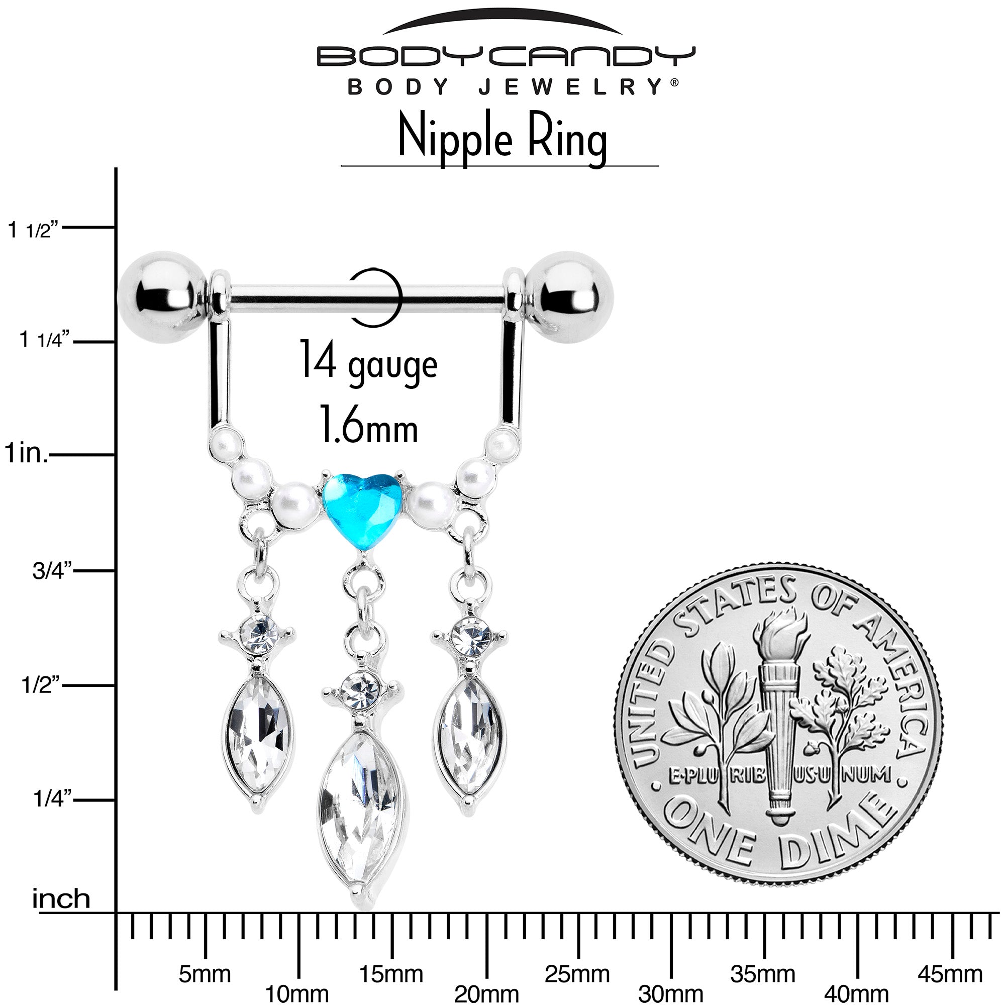 14 Gauge 9/16 Blue Gem Heart Triple Drop Dangle Nipple Ring Set