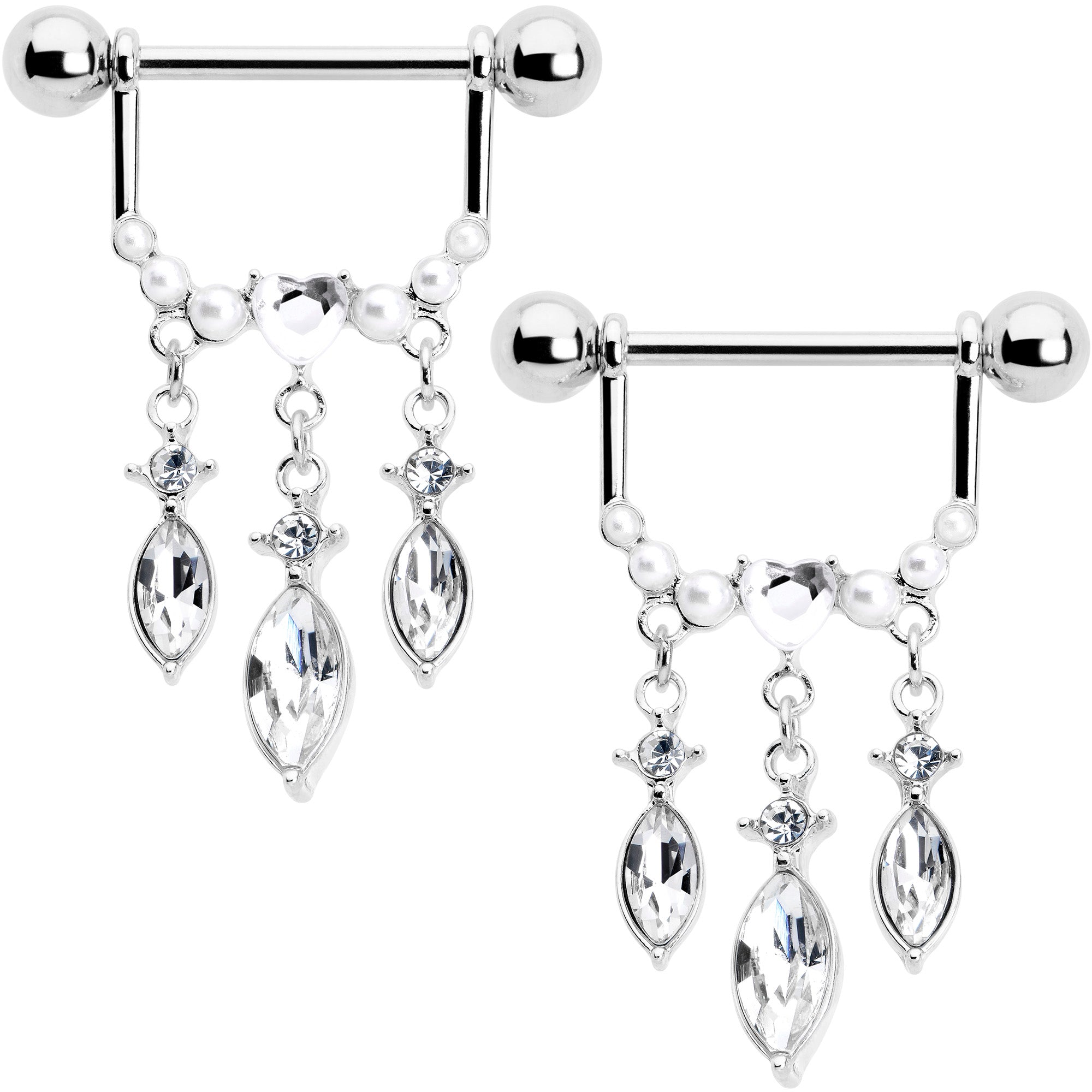 14 Gauge 9/16 Clear Gem Heart Triple Drop Dangle Nipple Ring Set