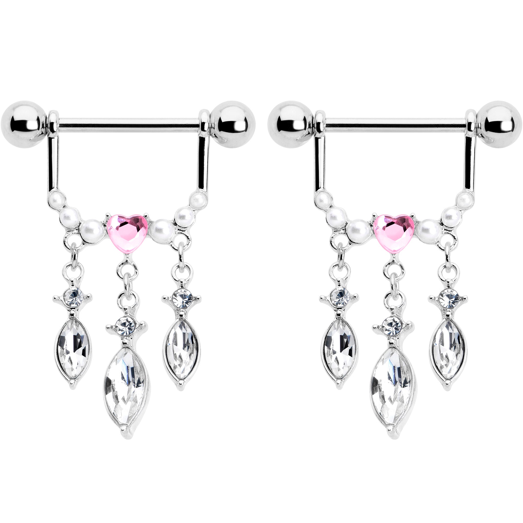 14 Gauge 9/16 Pink Gem Heart Triple Drop Dangle Nipple Ring Set