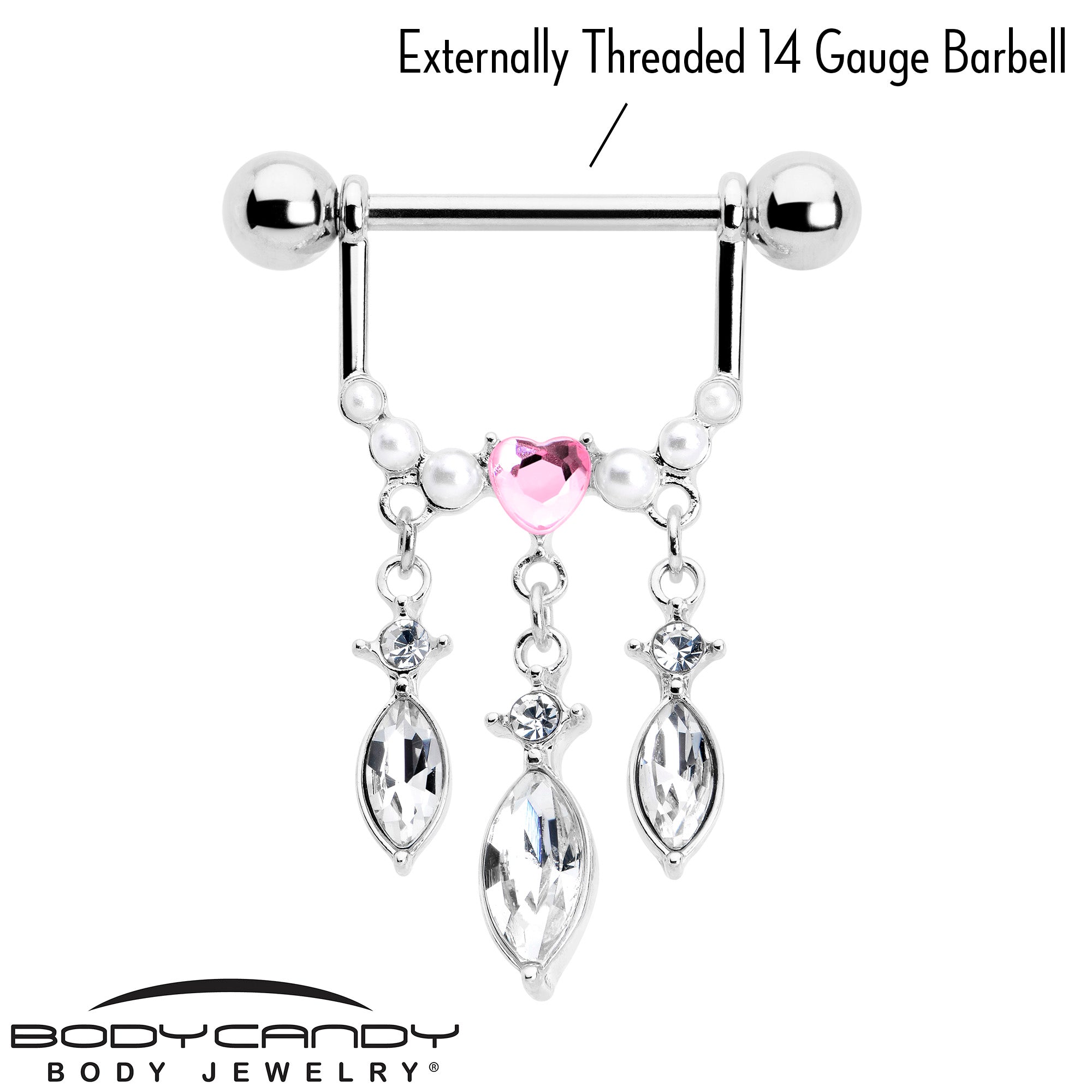 14 Gauge 9/16 Pink Gem Heart Triple Drop Dangle Nipple Ring Set