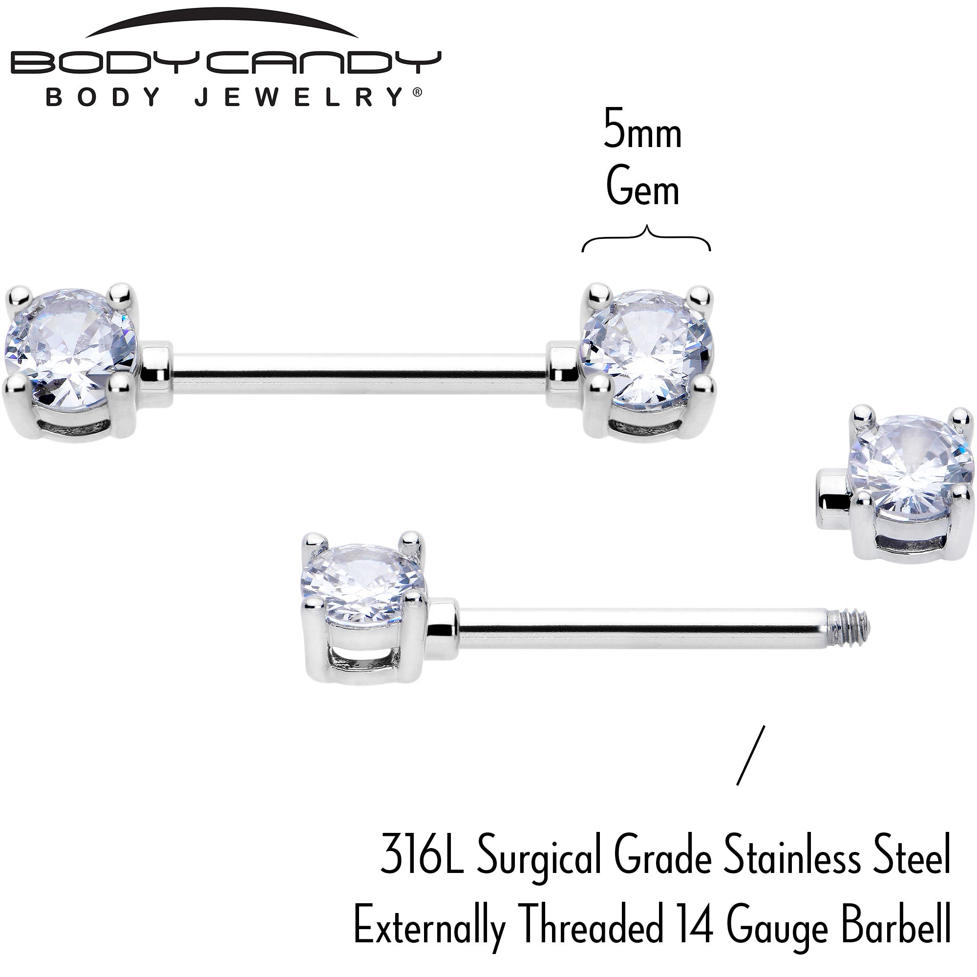 14 Gauge 9/16 Clear CZ Gem Forward Facing April Birthstone Nipple Ring Set