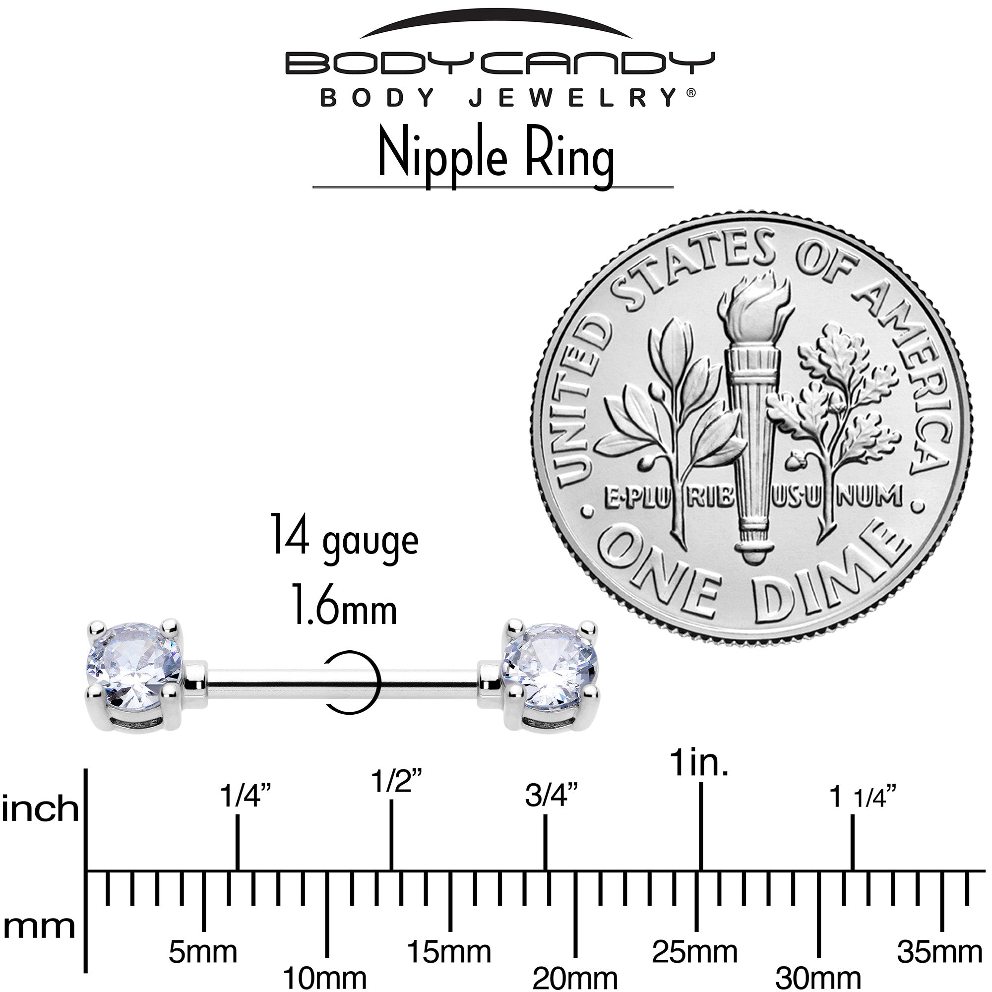 14 Gauge 9/16 Clear CZ Gem Forward Facing April Birthstone Nipple Ring Set