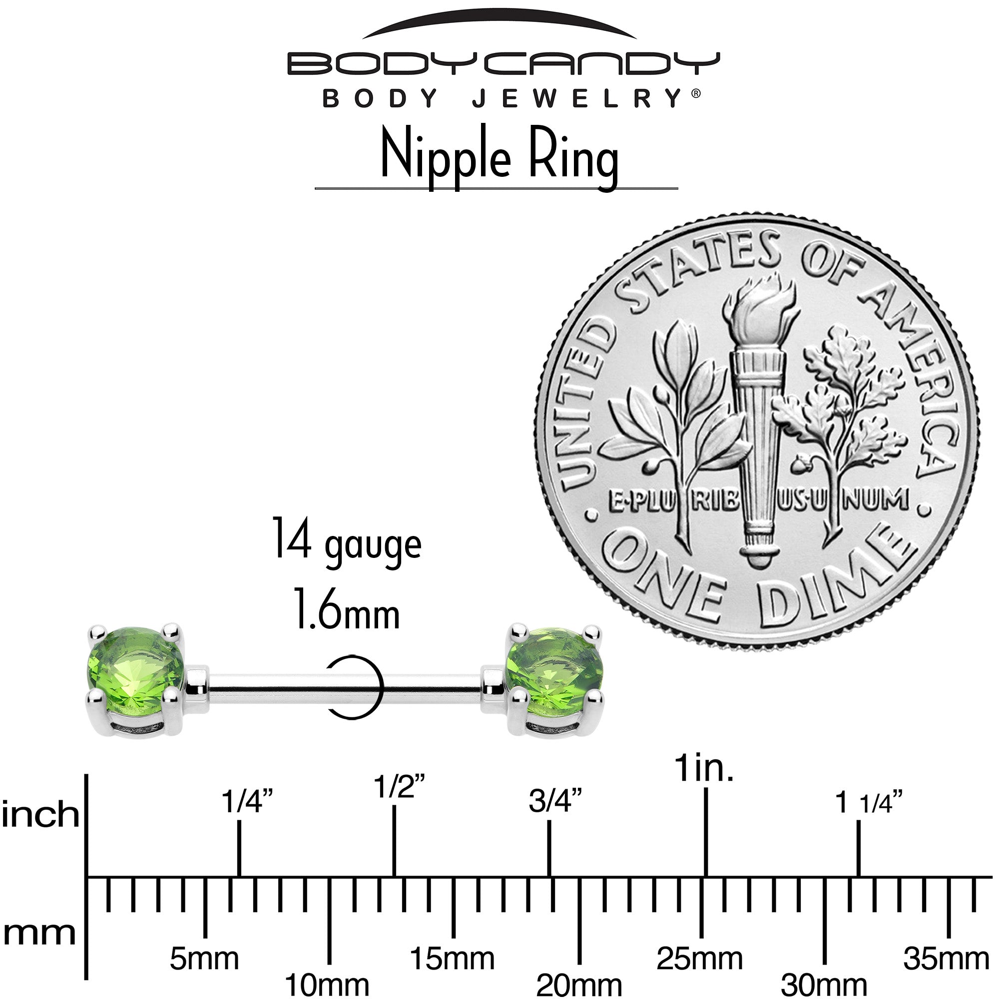 14 Gauge 9/16 Green CZ Gem August Birthstone Nipple Ring Set