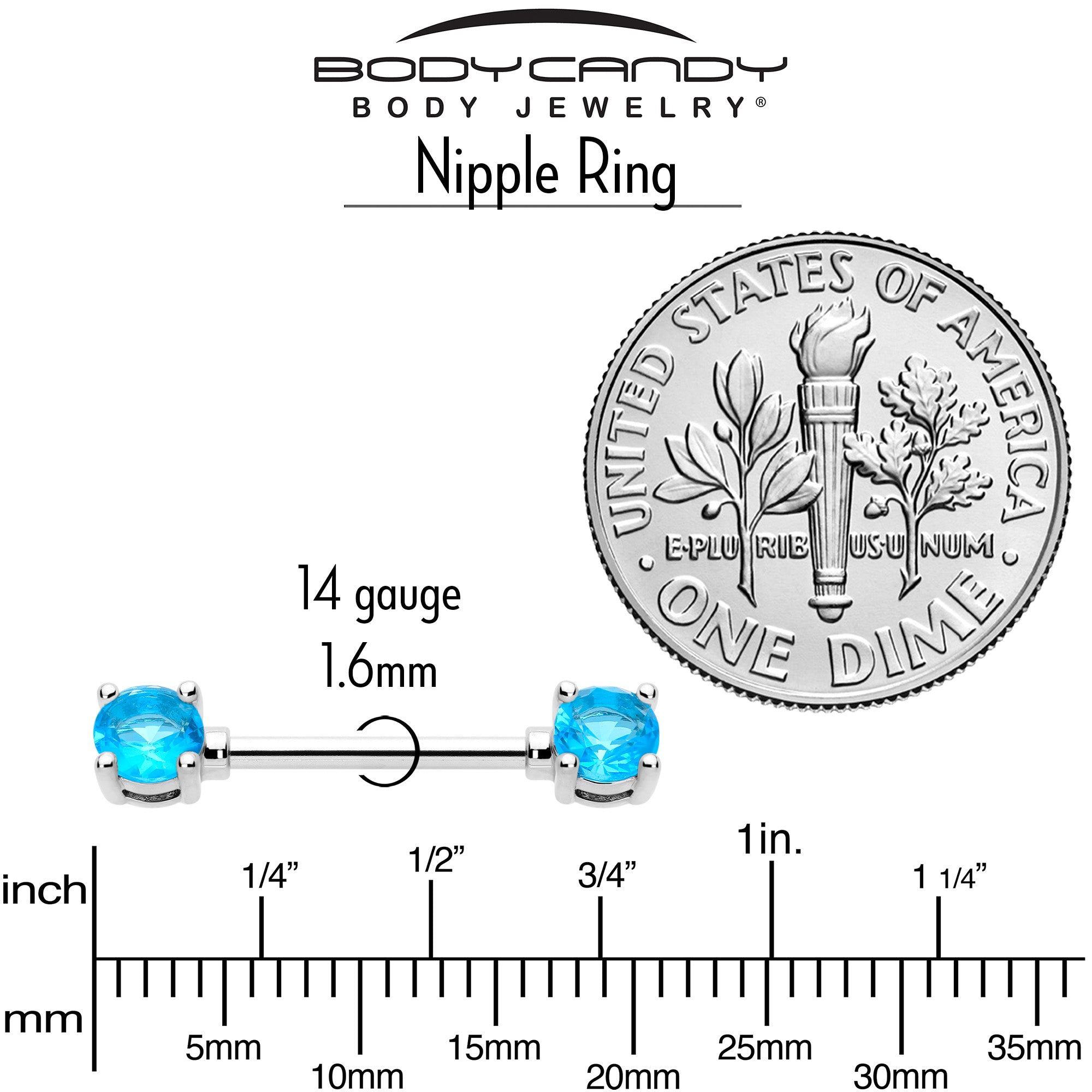 14 Gauge 9/16 Blue CZ Gem December Birthstone Nipple Ring Set