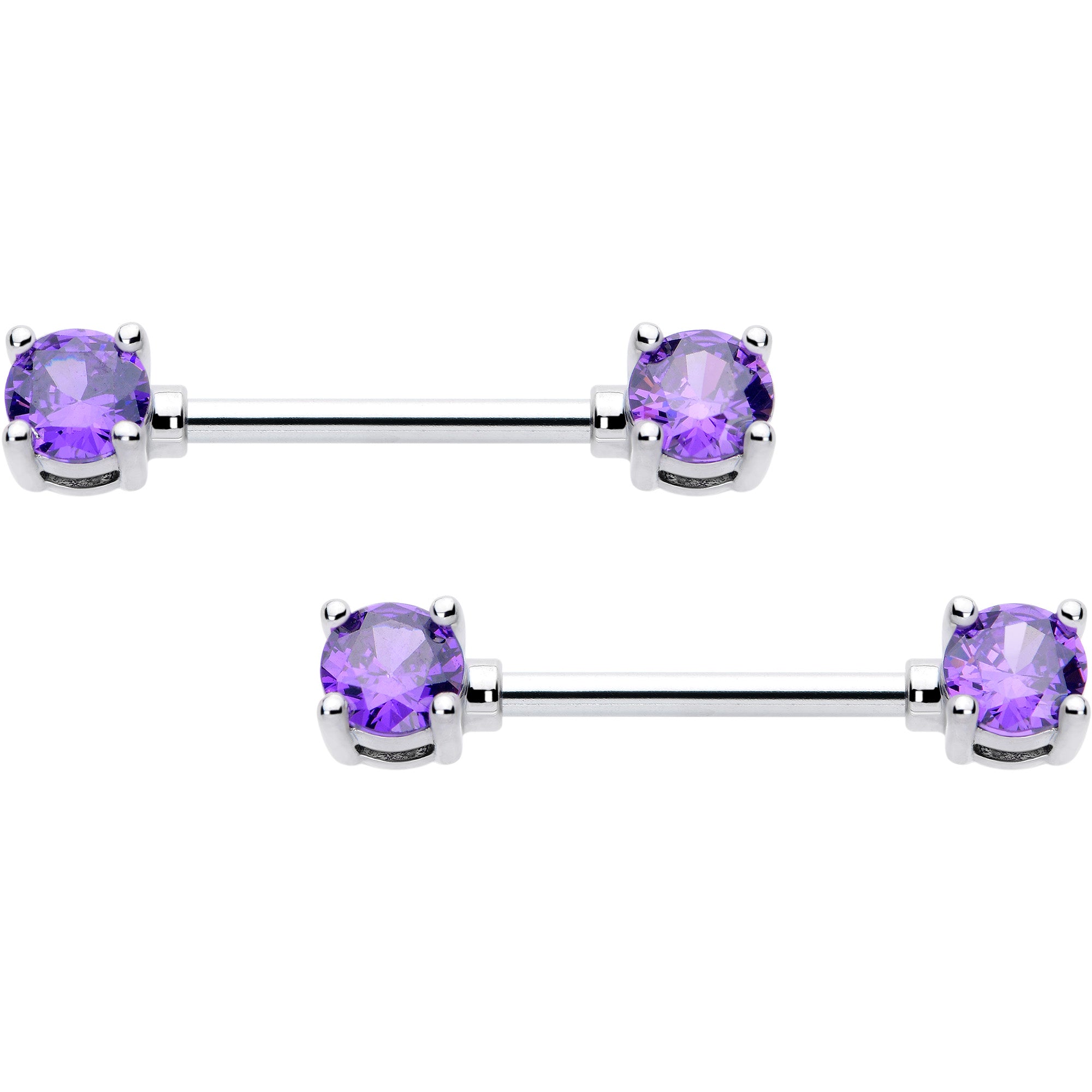 14 Gauge 9/16 Purple CZ Gem February Birthstone Nipple Ring Set
