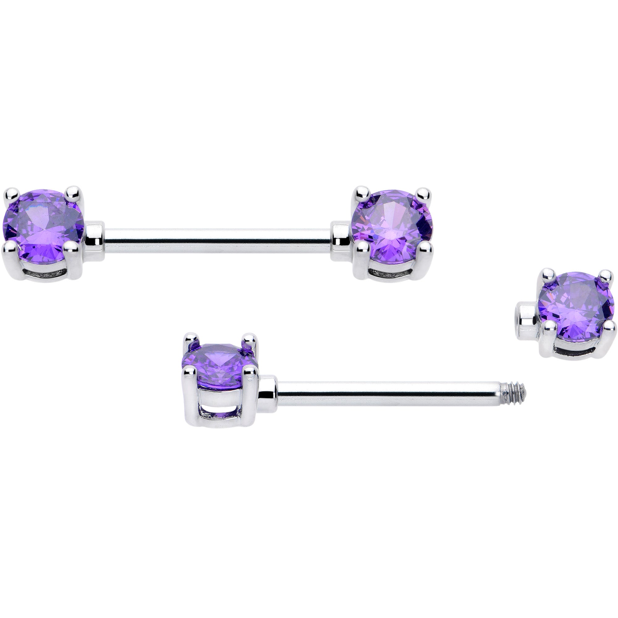 14 Gauge 9/16 Purple CZ Gem February Birthstone Nipple Ring Set