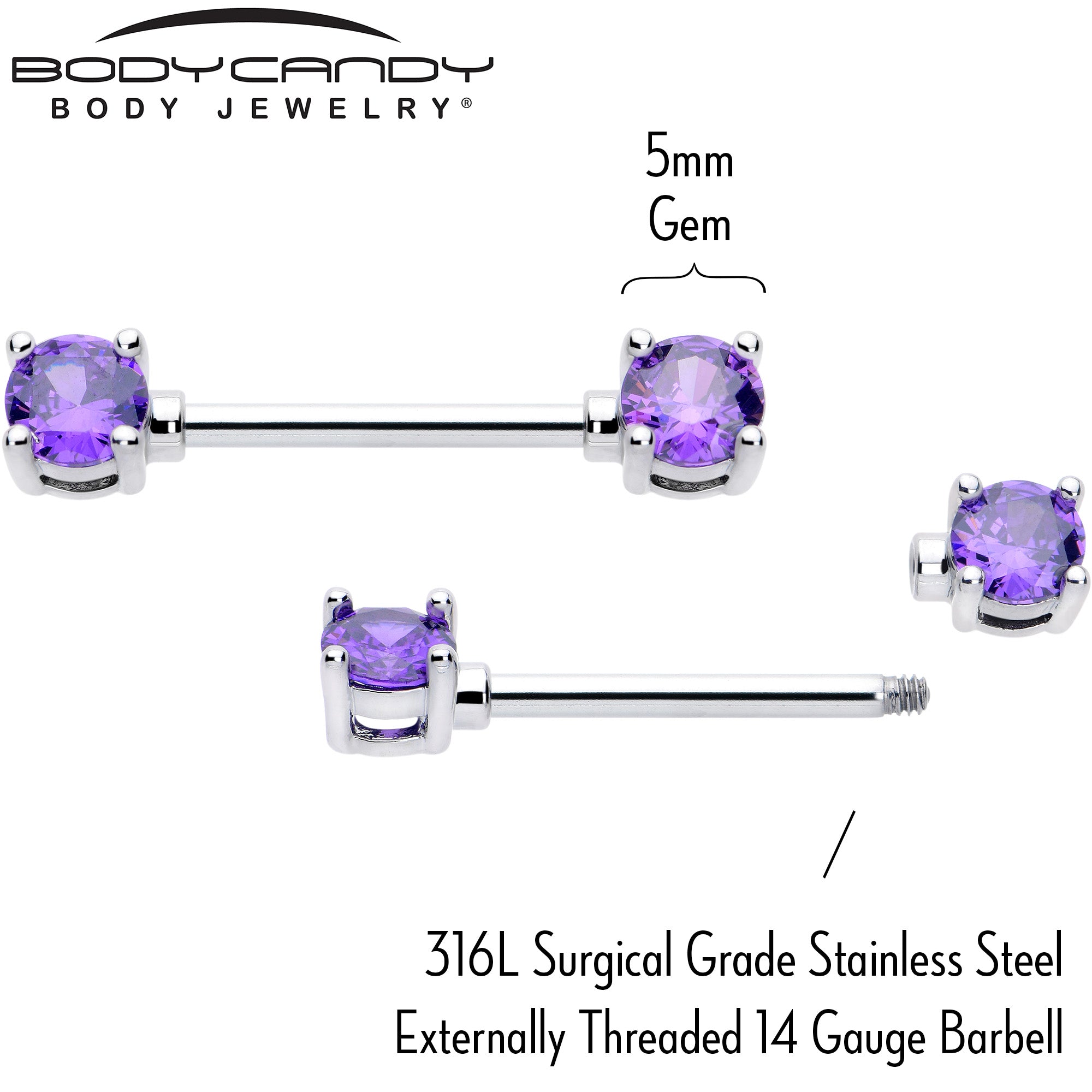 14 Gauge 9/16 Purple CZ Gem February Birthstone Nipple Ring Set