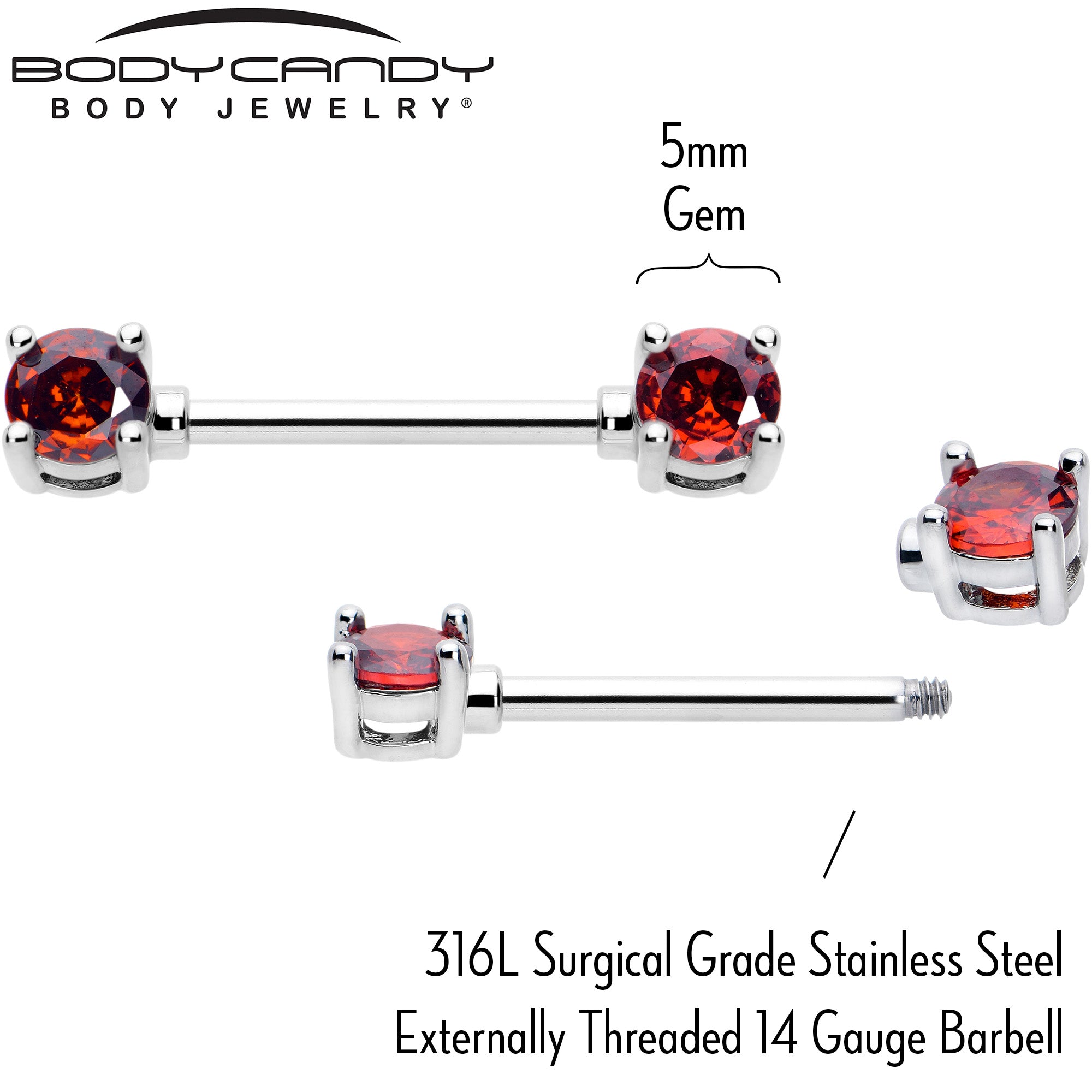 14 Gauge 9/16 Red CZ Gem January Birthstone Nipple Ring Set