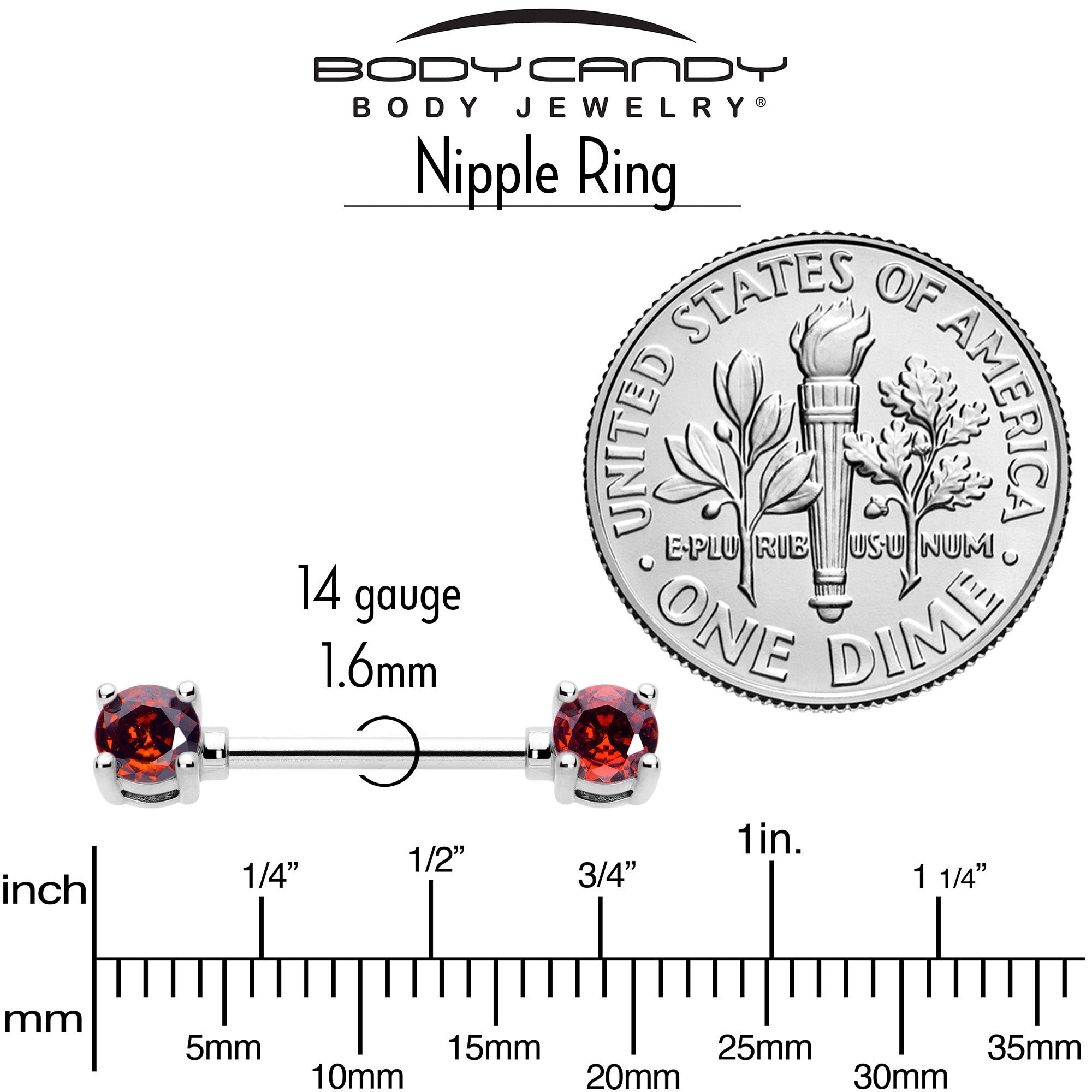 14 Gauge 9/16 Red CZ Gem January Birthstone Nipple Ring Set