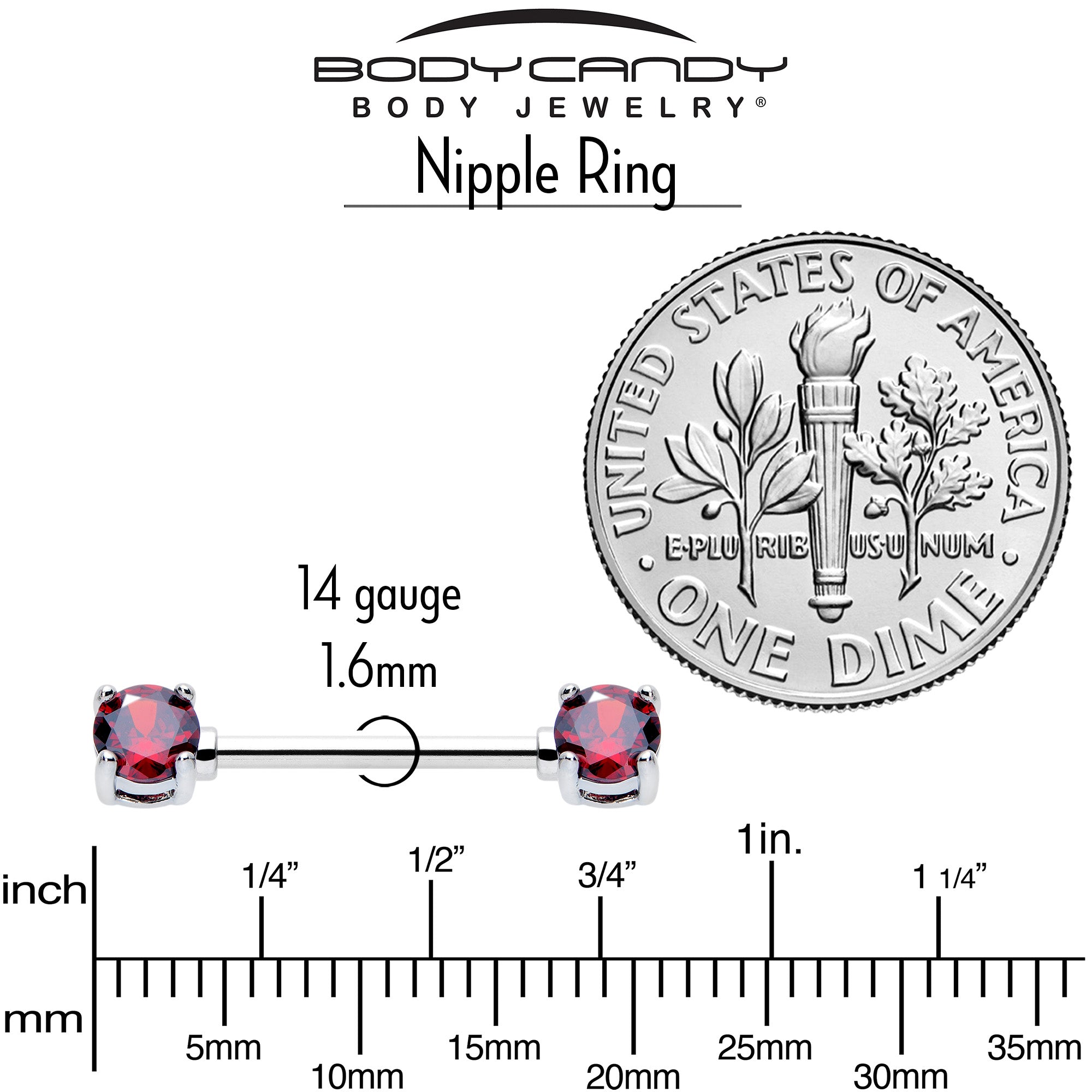 14 Gauge 9/16 Red CZ Gem July Birthstone Nipple Ring Set