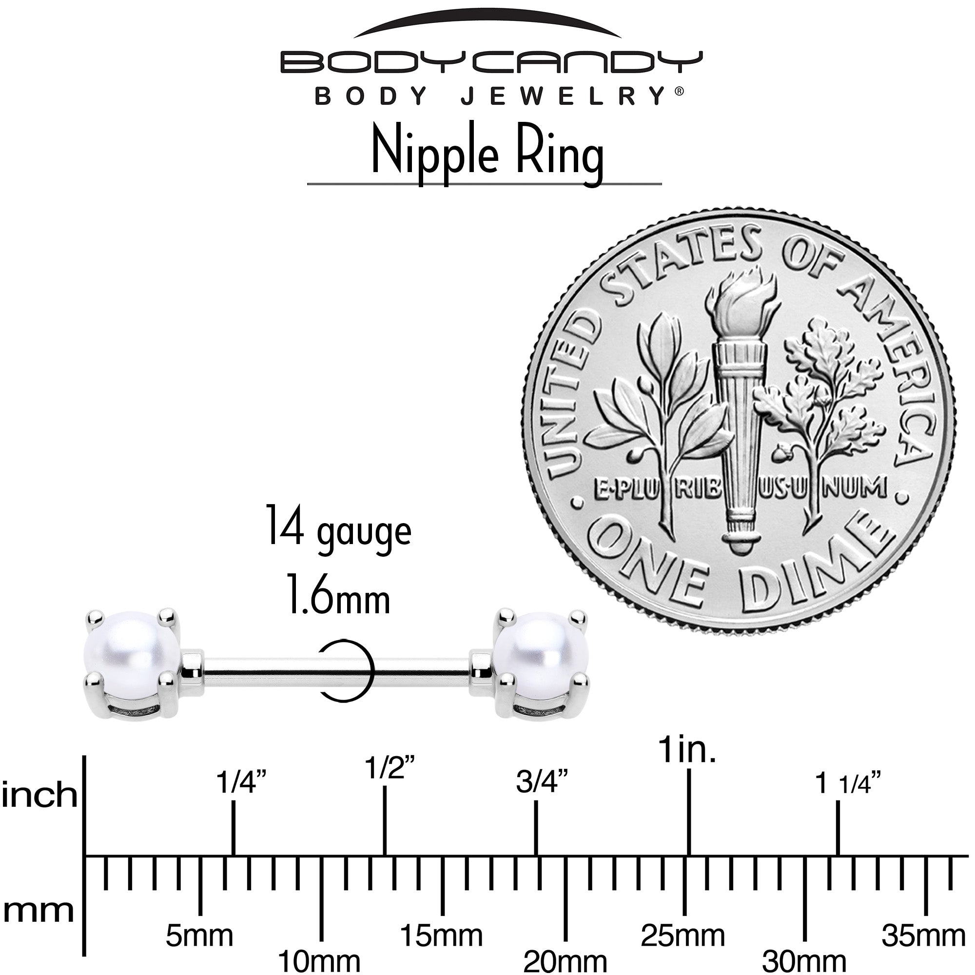 14 Gauge 9/16 White Faux Pearl June Birthstone Nipple Ring Set