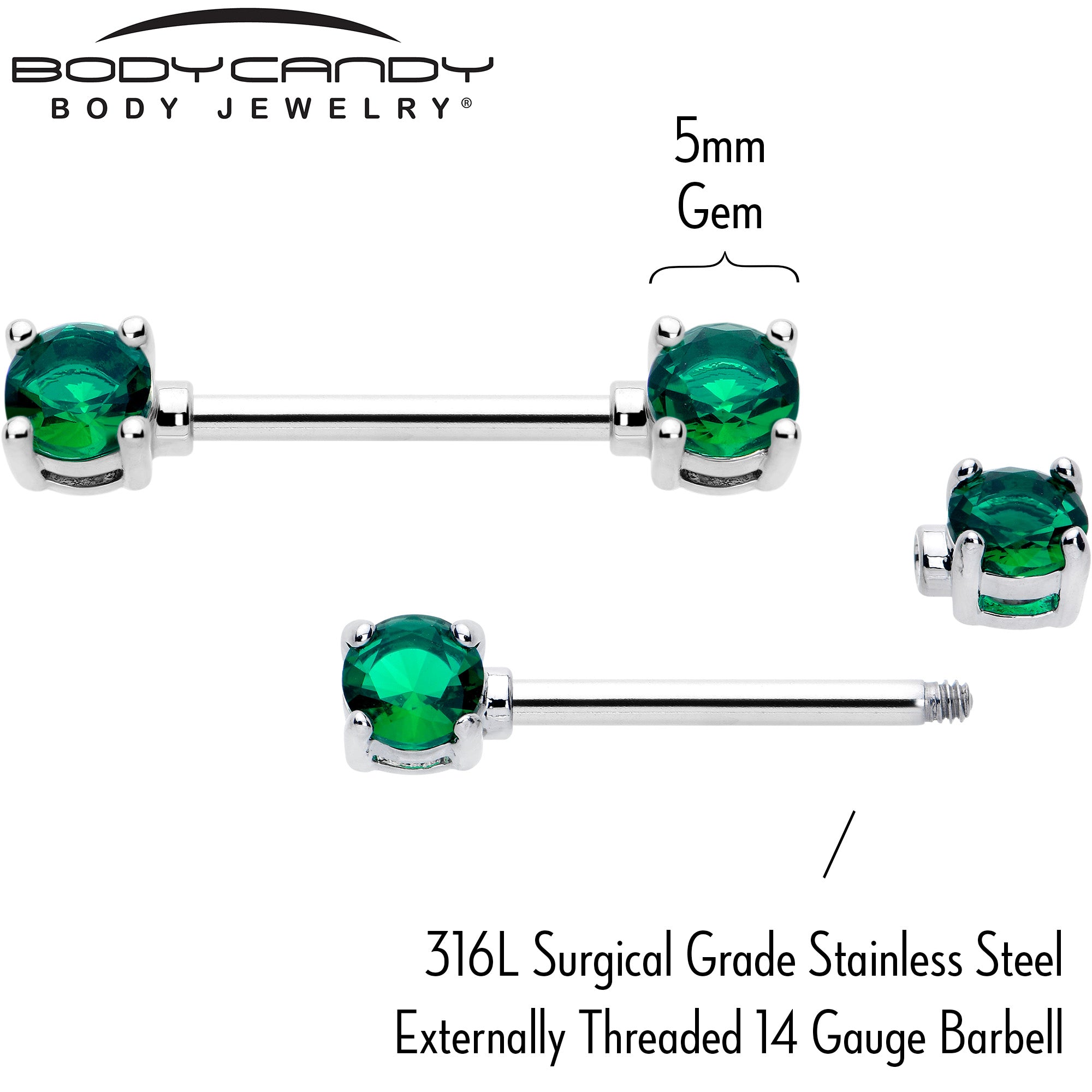 14 Gauge 9/16 Green CZ Gem May Birthstone Nipple Ring Set