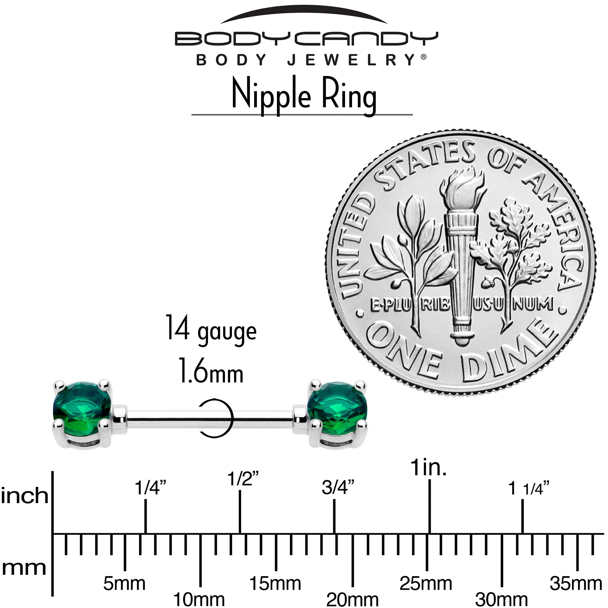 14 Gauge 9/16 Green CZ Gem May Birthstone Nipple Ring Set