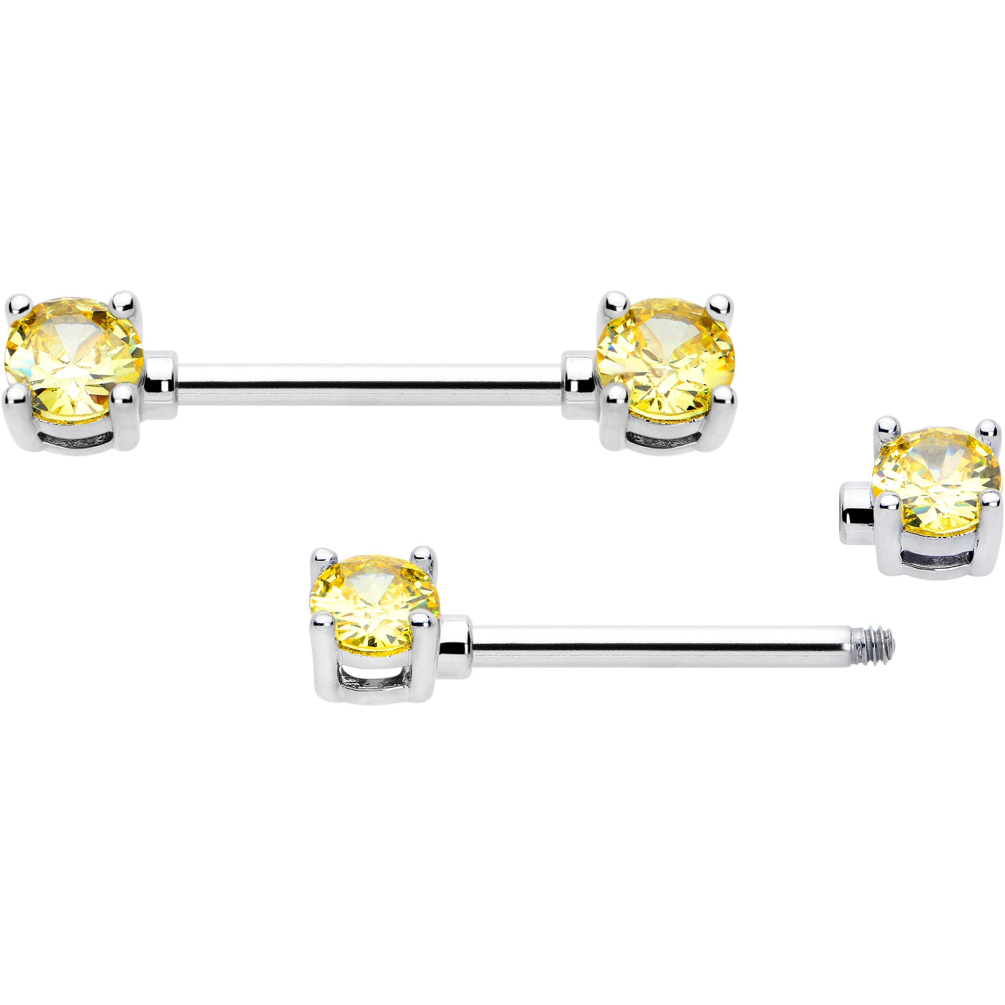 14 Gauge 9/16 Yellow CZ Gem November Birthstone Nipple Ring Set