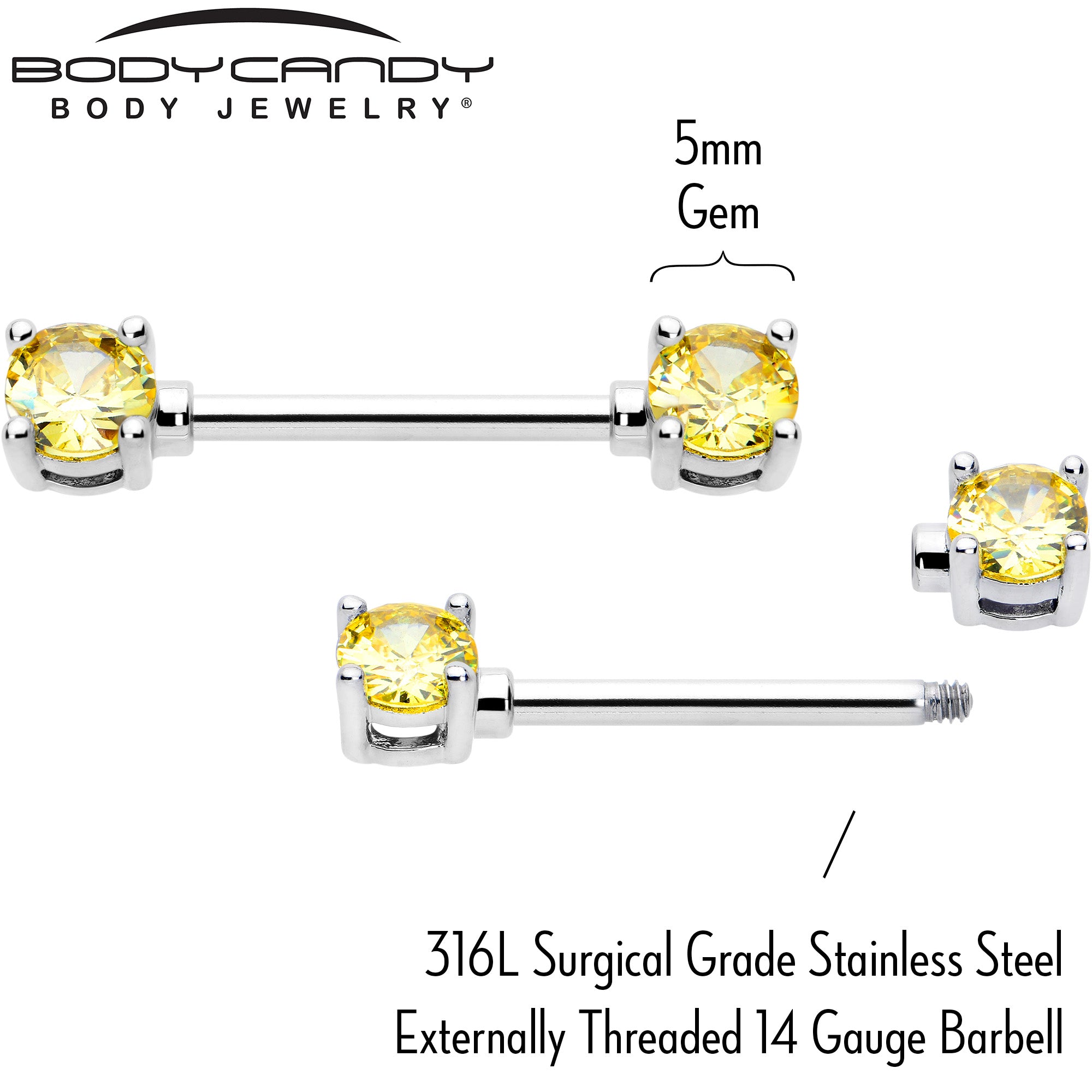 14 Gauge 9/16 Yellow CZ Gem November Birthstone Nipple Ring Set