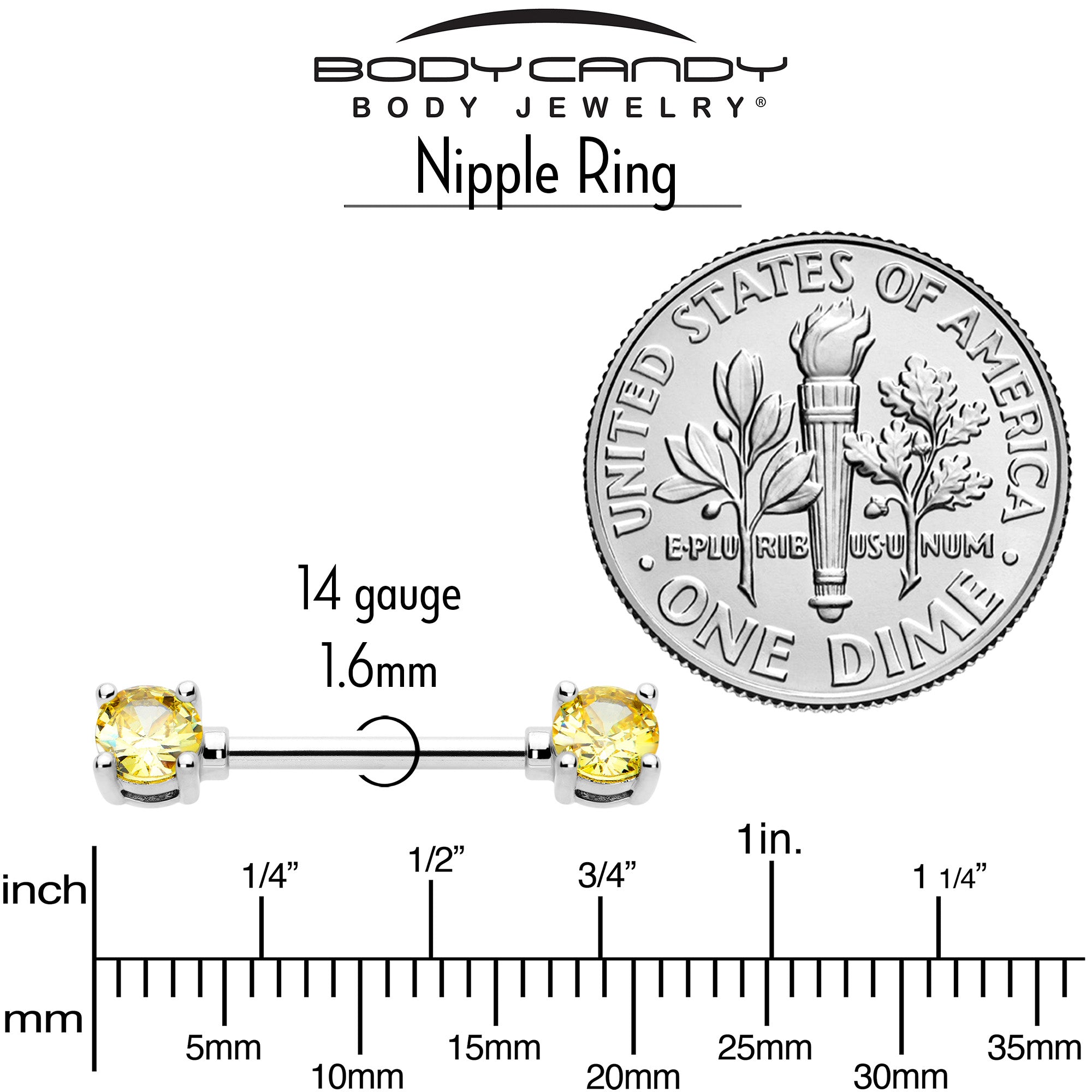 14 Gauge 9/16 Yellow CZ Gem November Birthstone Nipple Ring Set