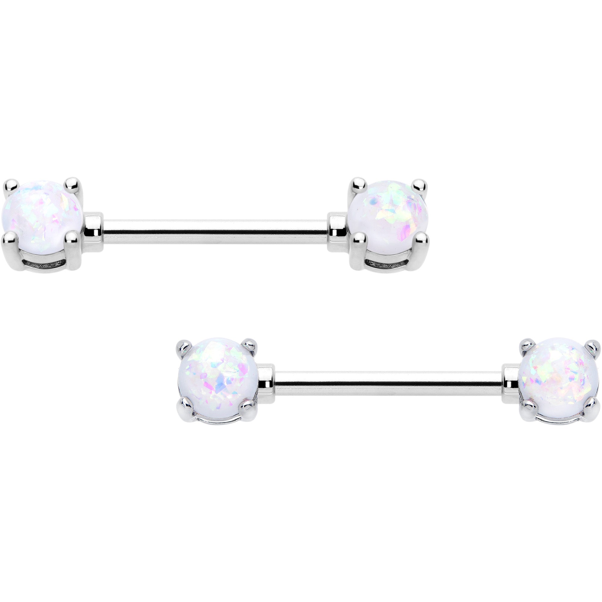 14 Gauge 9/16 White Faux Opal October Birthstone Nipple Ring Set